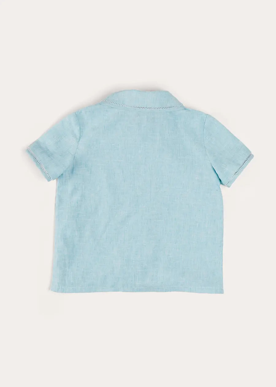 Peter Pan Collar Short Sleeve Blouse for Girls - Blue Cotton Top with Trim Detail (Size 12 Months to 5 Years) | Perfect for School, Parties & Family Photos
