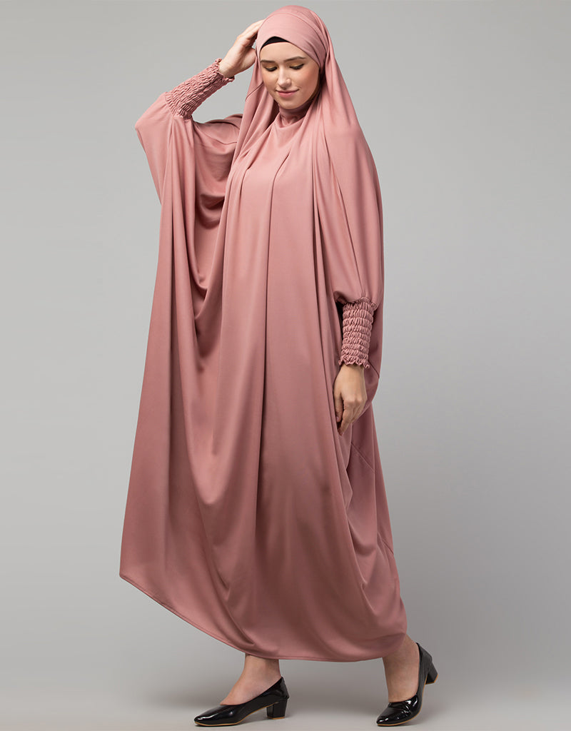 Elegant Arabic Smoking Sleeve Tie-Back Jilbab - Ready to Wear Full Size Knit Abaya in Mauve Pink | Perfect for Prayer, Modest Fashion & Special Occasions