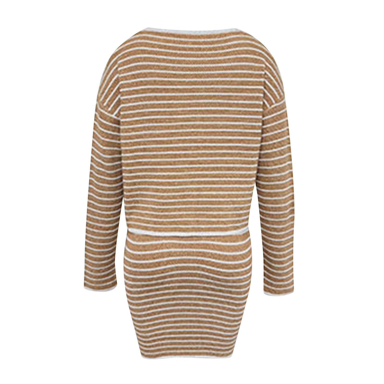 Women's 2-Piece Fall Outfit Set - Long Sleeve Striped Cardigan & Knit Wrap Skirt | Casual Going Out Outfits for Autumn | Perfect for Work, Dates, and Weekend Brunch