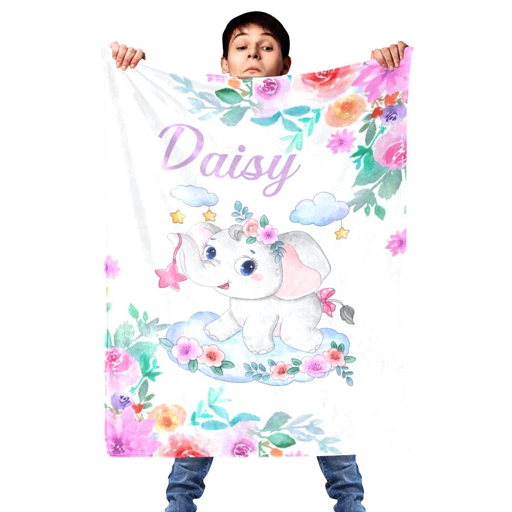 Personalized Kids Fleece Blanket with Name - Custom Animal Elephant & Flowers Design - Soft Baby Throw Blanket for Bed, Couch & Nursery (30