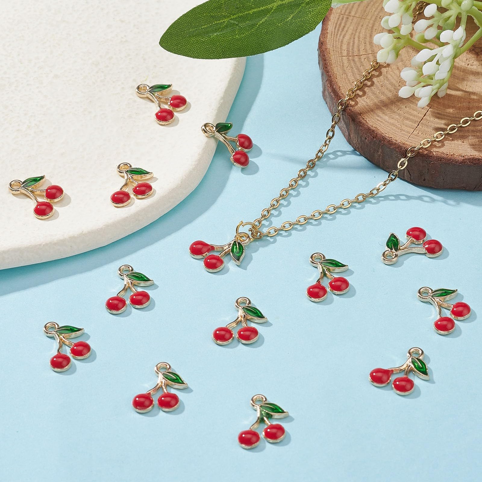 KitBeads 100pcs Red Cherry Charms - Enamel Food Jewelry Charms, Mini Fruit Pendants for DIY Bracelets, Necklaces & Earrings - Perfect for Crafting, Gift Making & Kawaii Accessories