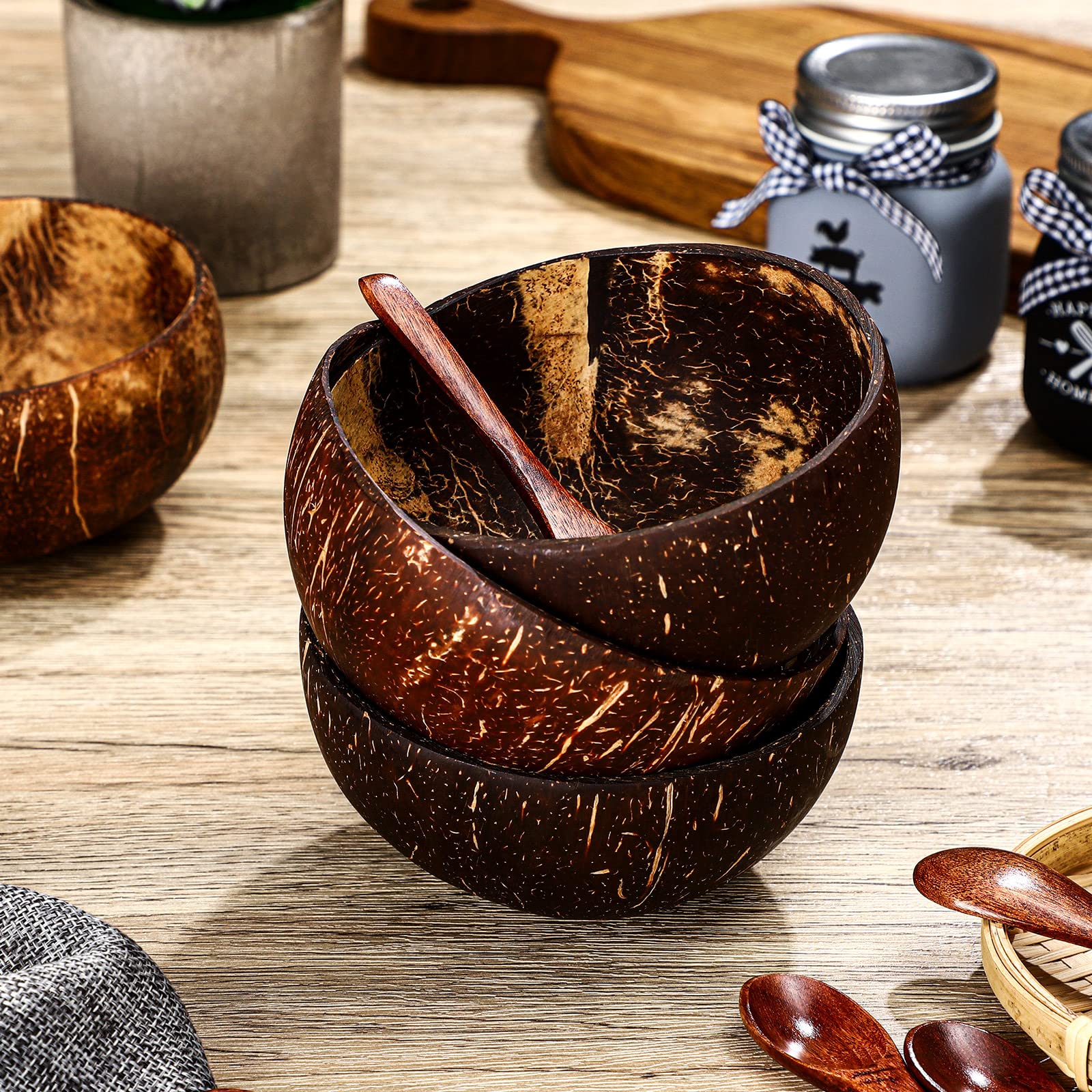 Hoolerry 8-Piece Coconut Bowl Set with Wooden Spoons - Eco-Friendly Coconut Shell Bowls for Buddha Bowls, Smoothies, Salads - Perfect Vegan Kitchen Serving & Gift Set for Home, Parties, and Restaurants