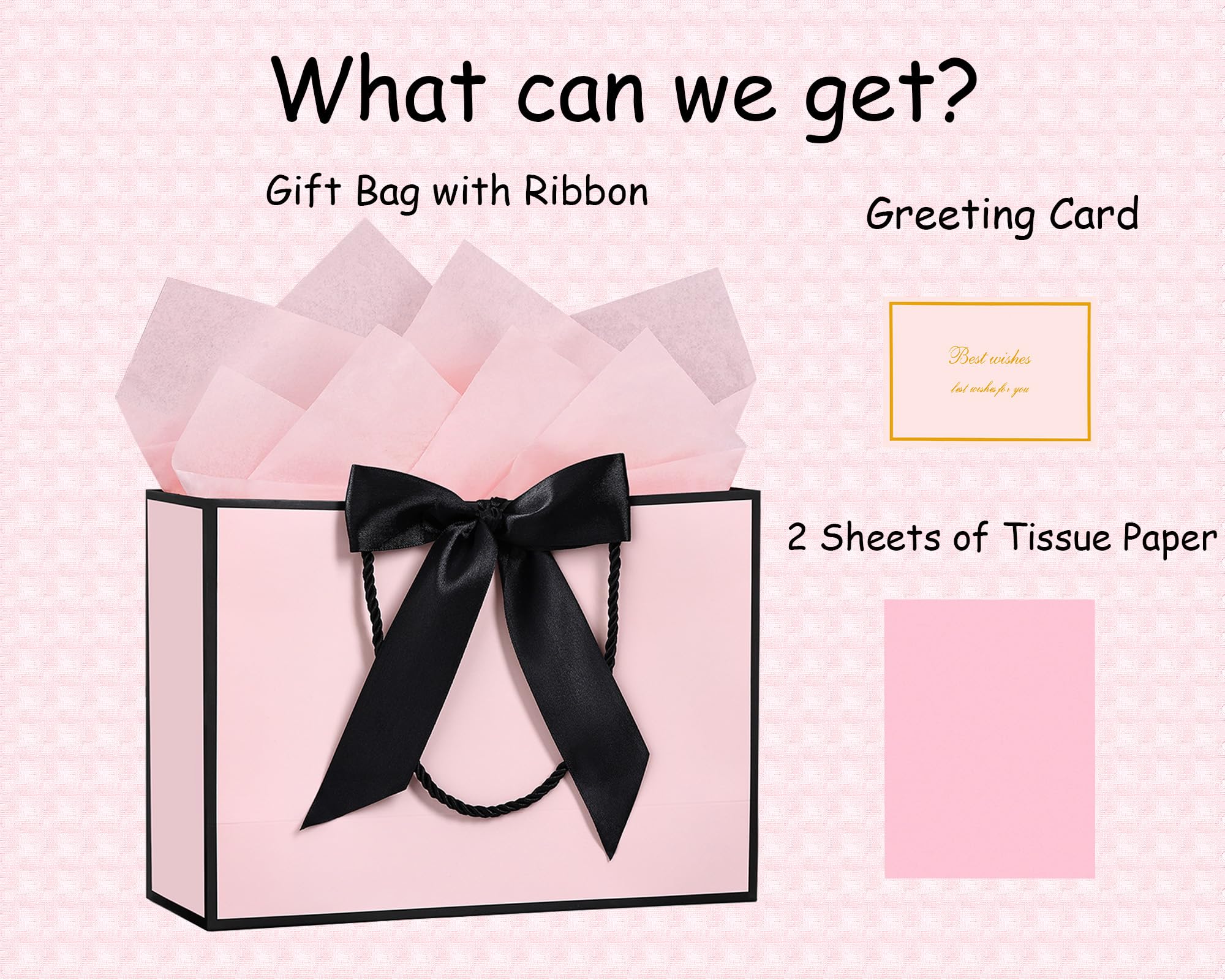JMANNI Large Gift Bags Set - 1 Premium Paper Gift Bag with 2 Tissue Papers & 1 Greeting Card - Elegant Present Bags with Handles for Women, Girls, Bridesmaids - Perfect for Birthday, Valentine's Day, Wedding & Party Favors (Black-Pink) | Great for Gift Wrapping, Special Occasions & Thoughtful Surprises