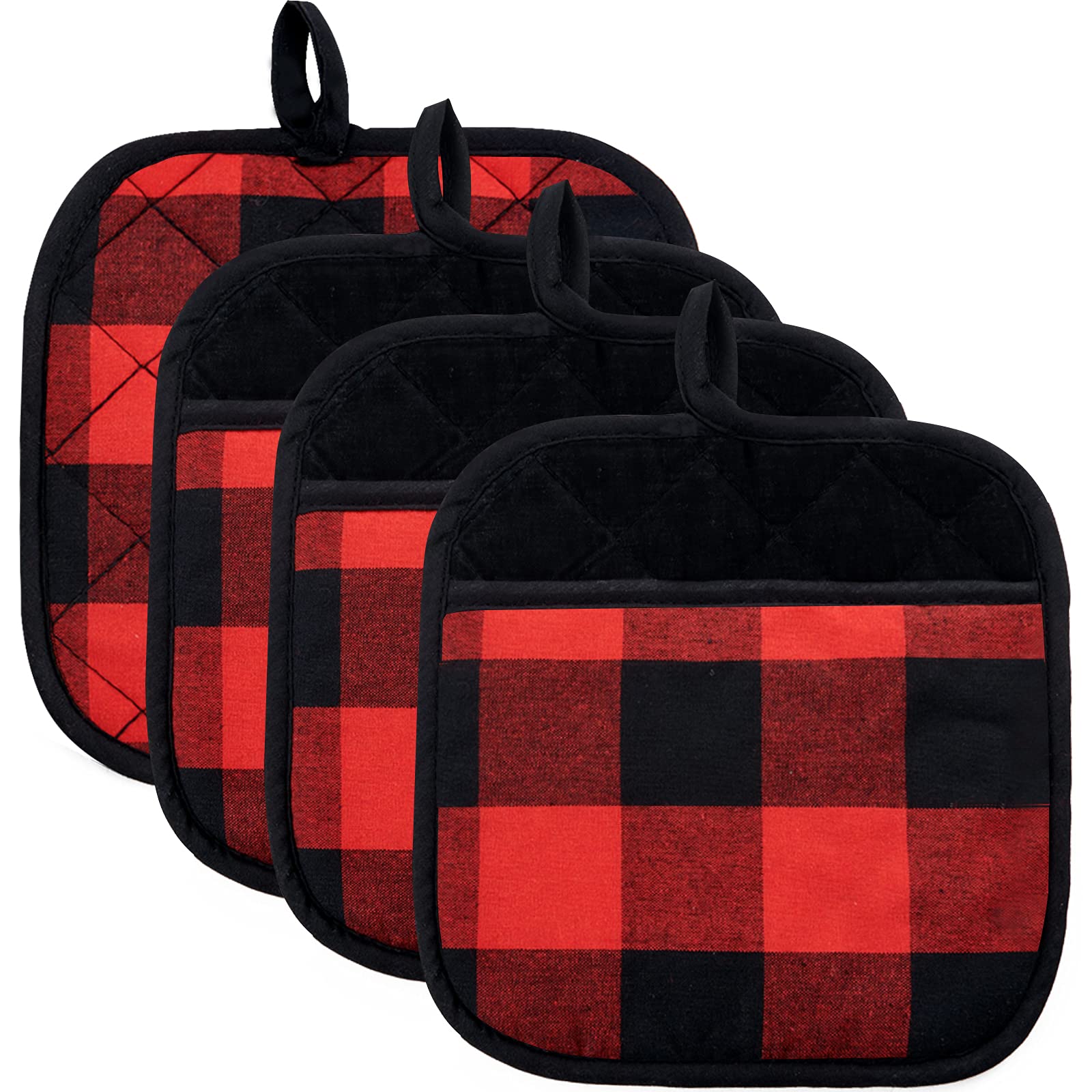 Joyhalo 4 Pack Christmas Buffalo Plaid Pot Holders - Heat Resistant Kitchen Potholders for Cooking, Baking & Holiday Decor - Perfect for Hot Dishes, Oven Mitts & Festive Kitchen Gifts