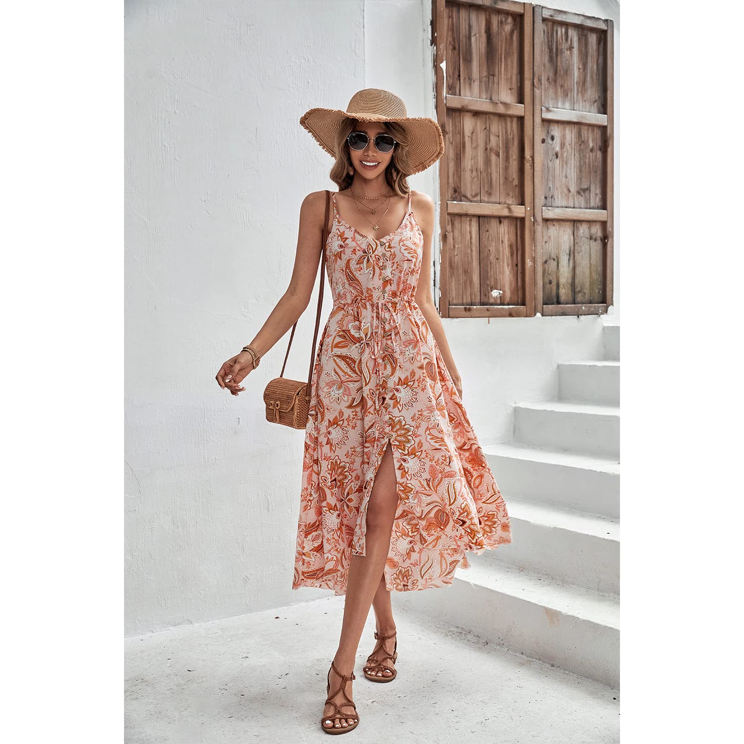 BROVAVE Women's 2025 Summer Boho Sundress - Polka Dot Spaghetti Strap V-Neck Flowy Midi Dress for Beach, Vacation & Casual Outings