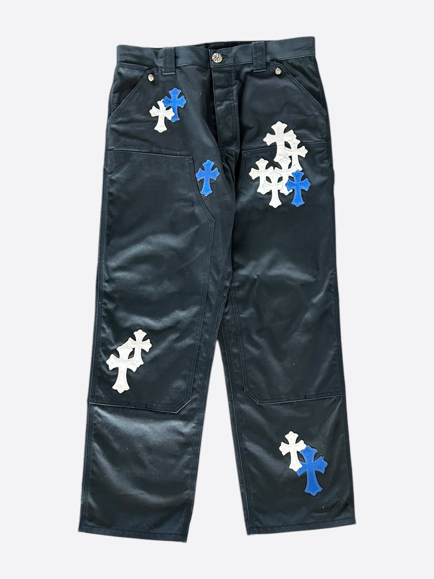 Chrome Hearts Black White & Blue Cross Patch Carpenter Pants - Stylish Distressed Denim Jeans for Men | Perfect for Streetwear, Gothic Fashion & Punk Outfits
