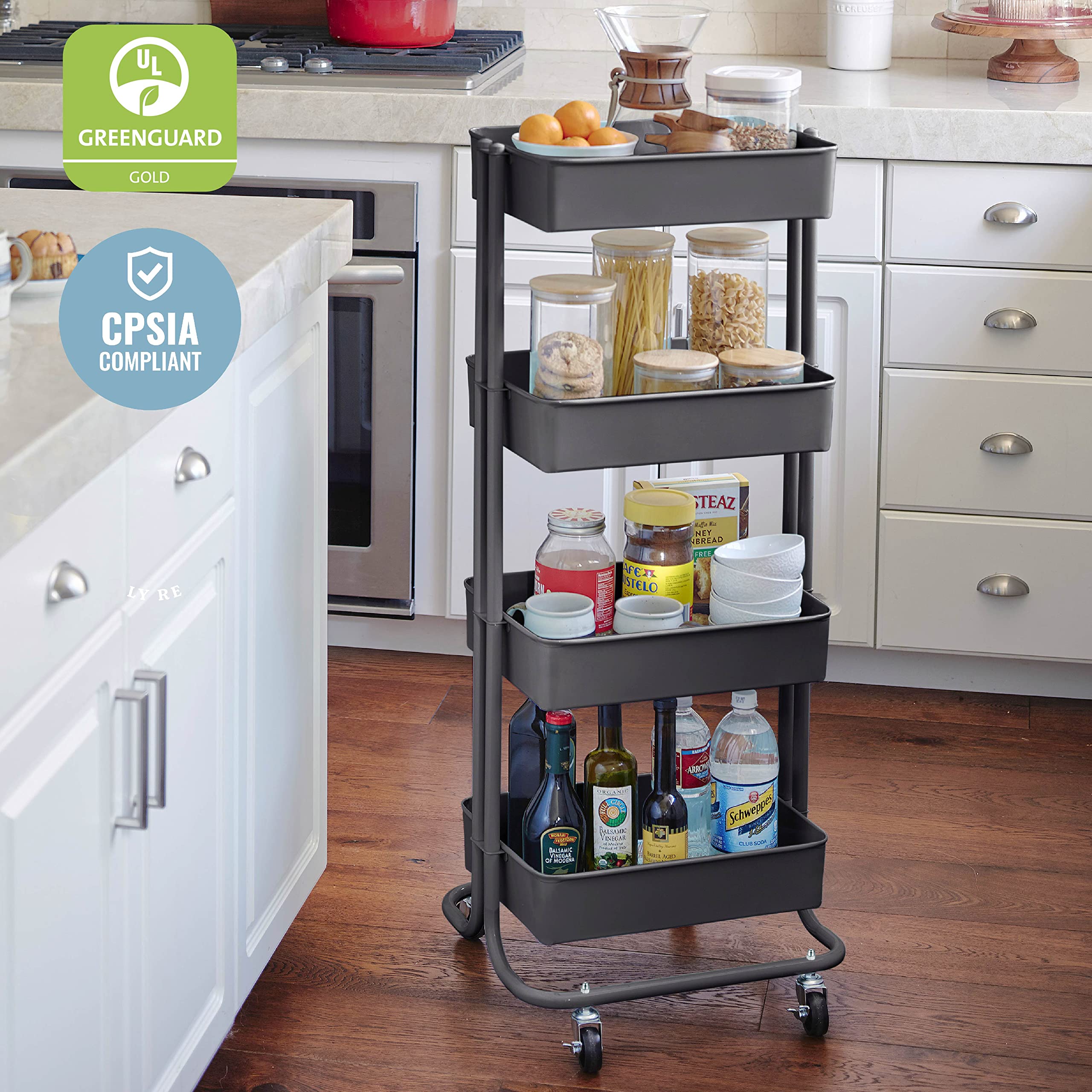 ECR4Kids 4-Tier Metal Rolling Utility Cart with Wheels - Black Multipurpose Storage Organizer for Kitchen, Office, Classroom, Craft Room & Home Organization