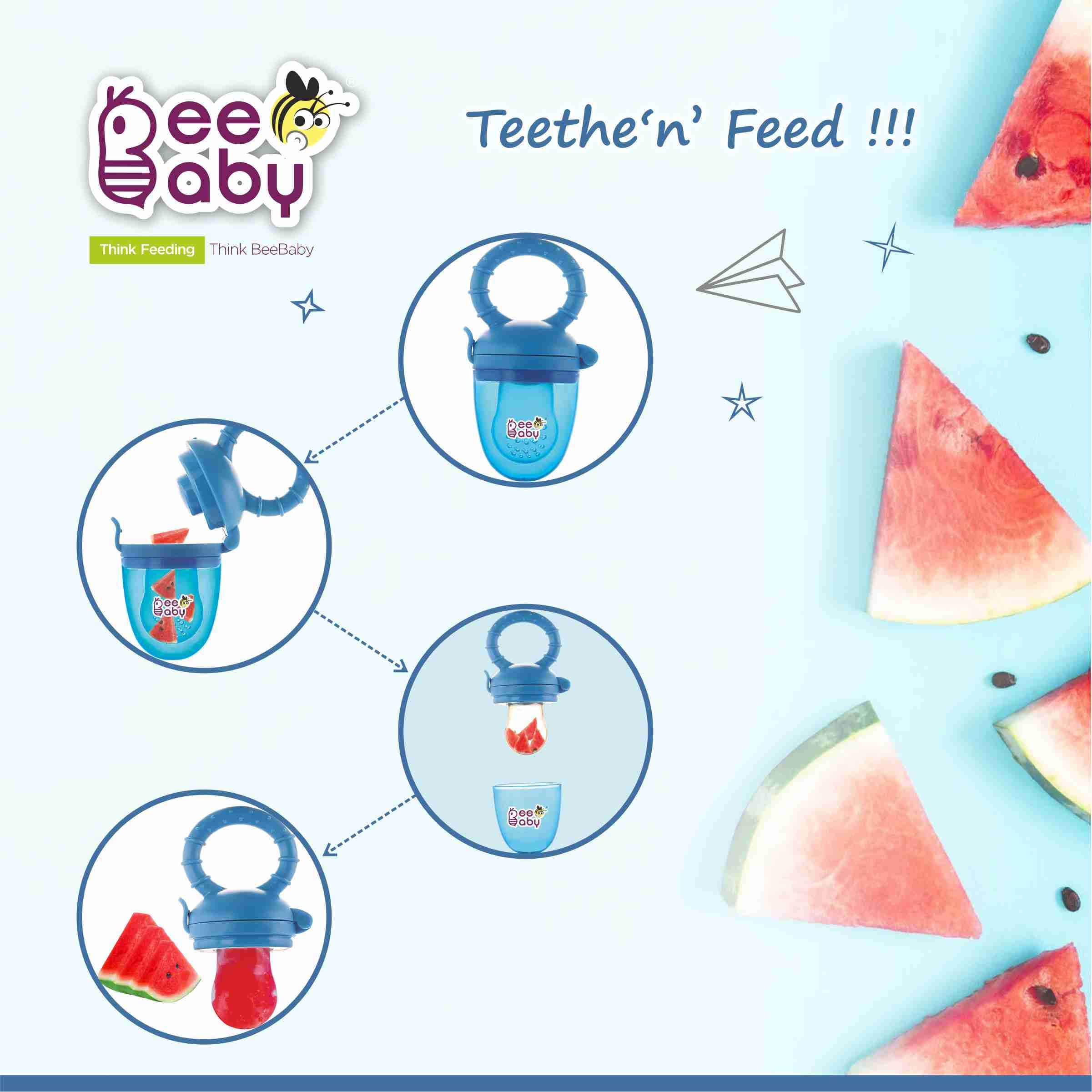 BeeBaby Soft Silicone Baby Food Feeder with Extra Mesh - Safe Anti-Choking Fruit Pacifier & Teether for Infants 3+ Months | 100% BPA Free | Perfect for Purees, Fruits & Teething Relief (Fruttino - Blue)
