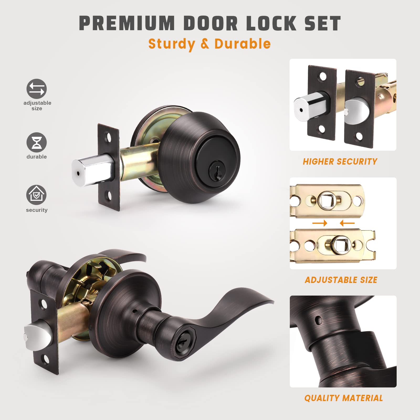 KNOBWELL 10 Pack Oil Rubbed Bronze Front Door Lever Lockset with Single Cylinder Deadbolt - Keyed Alike Exterior Door Lock Set for Home Security & Commercial Buildings