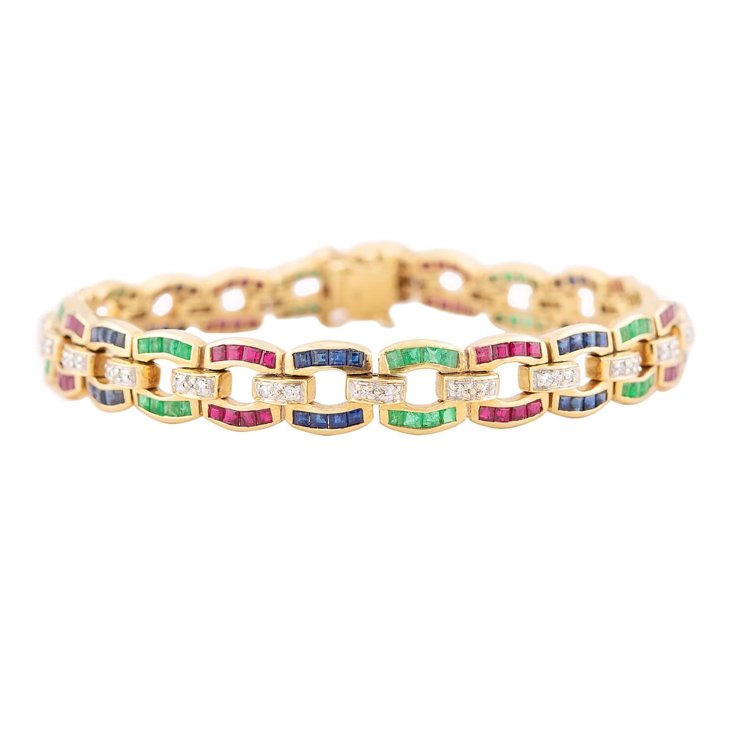 18k Gold Emerald Ruby Sapphire Diamond Line Bracelet for Women - Elegant Jewelry Gift for Wedding, Anniversary & Special Occasions