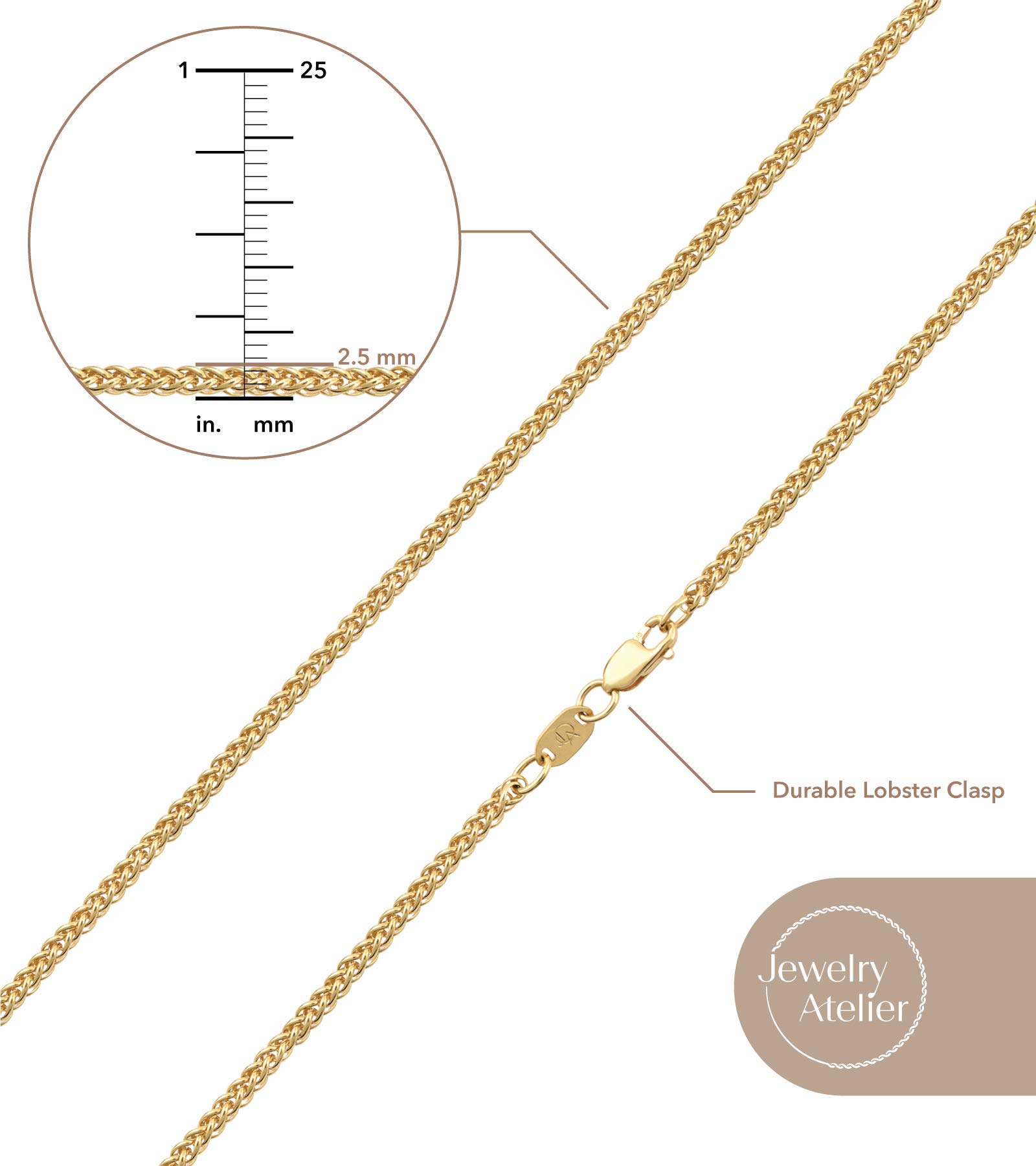 14K Solid Yellow Gold Filled Wheat Chain Necklace for Women & Men - 2.5mm & 3.2mm Round Palm Link Jewelry - Perfect for Everyday Wear, Gifts & Special Occasions