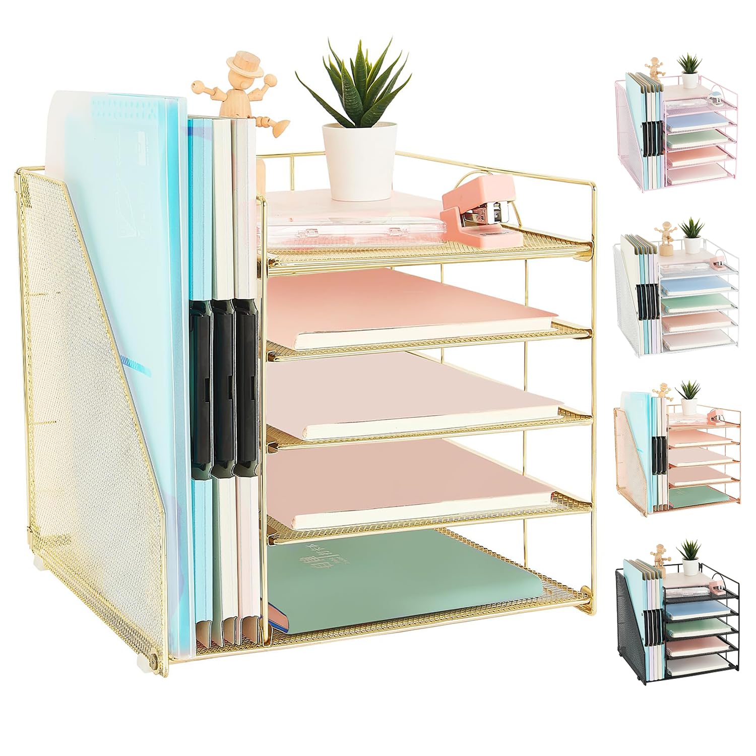 AUPSEN Mesh Desk Organizer with 5-Tier File Holder - Letter Paper Tray for Office Supplies, Home Office Organization (Gold) | Perfect for Workspace, Study Desk & Office Storage Solutions