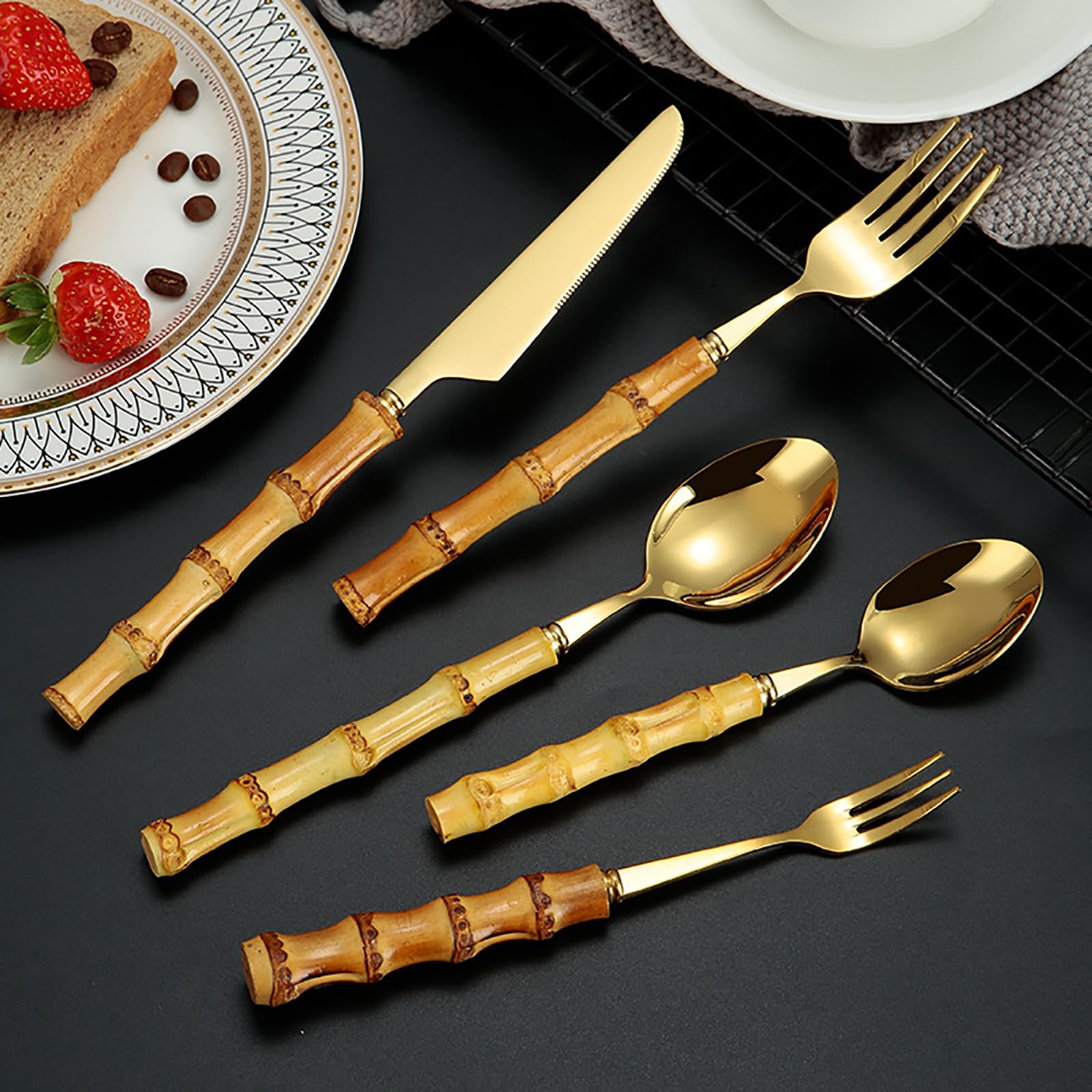 Eco-Friendly Bamboo Cutlery Set for 6 - Reusable Bamboo Forks & Spoons with Stainless Gold Tips, Sustainable Flatware Utensils for Adults | Perfect for Camping, Picnics & Zero-Waste Living (Yellow)