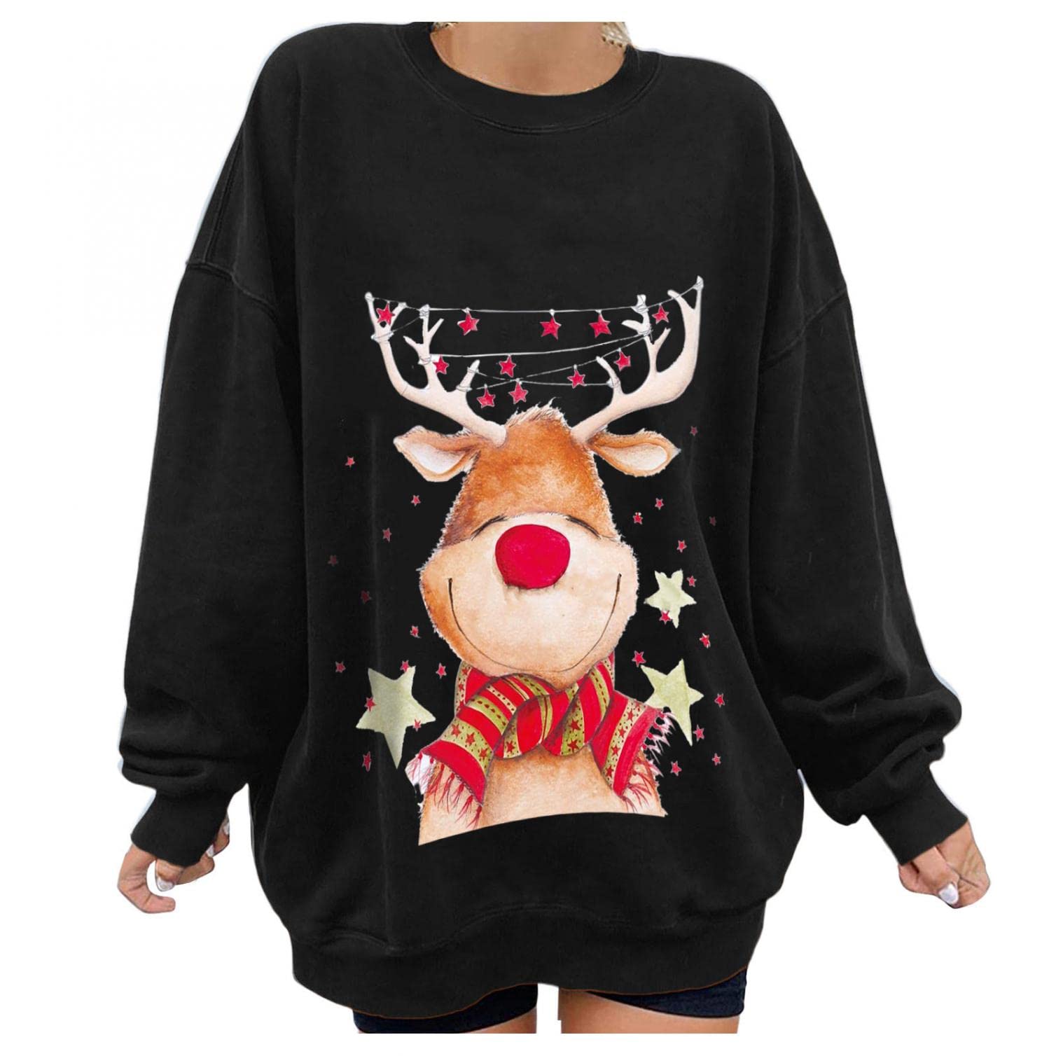 Women's Christmas Tops - Oversized Cute Elk Print Long Sleeve Blouse & Sweatshirt | Casual Holiday Shirts for Women | Perfect for Xmas Parties, Family Gatherings & Winter Outfits