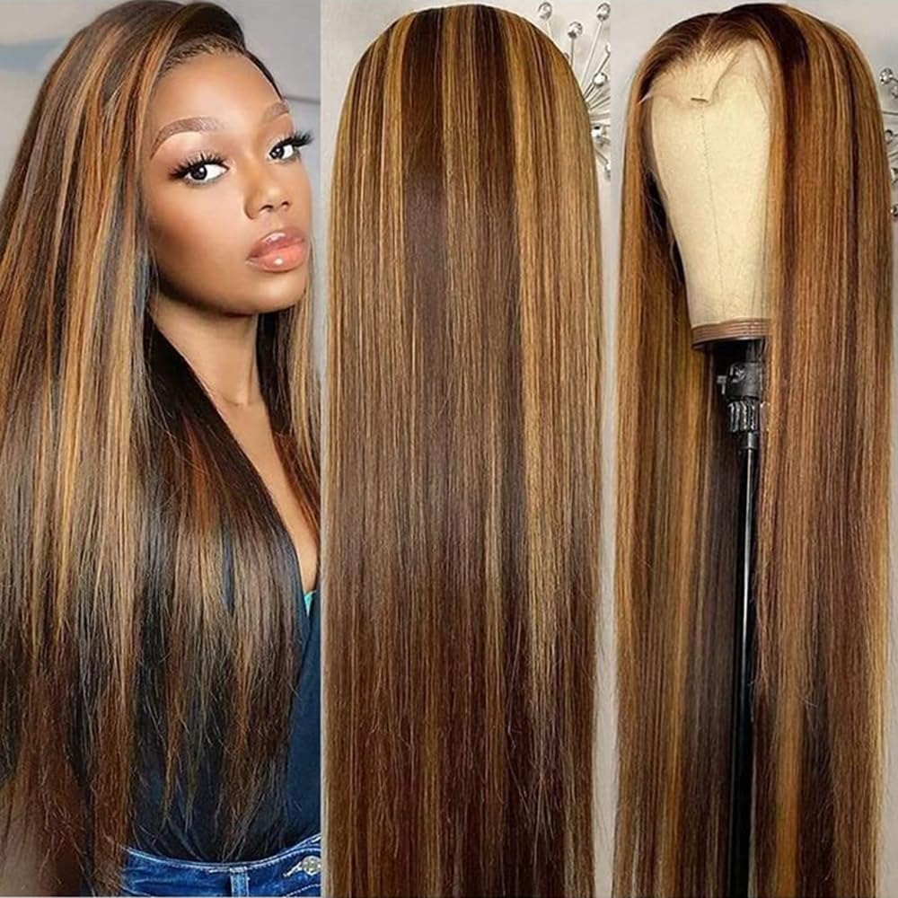 13x4 Highlight Straight 4/27 Ombre HD Transparent Lace Front Wig - 200% Density Brazilian Human Hair with Baby Hair for Black Women (24inch, 4/27-Straight) | Pre-Plucked Natural Look for Daily Wear, Parties & Special Occasions