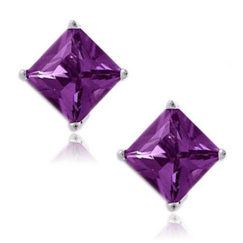 925 Sterling Silver 3ct 7mm Princess Cut Natural Amethyst Stud Earrings - Hypoallergenic Jewelry for Women - Perfect for Weddings, Parties & Everyday Wear