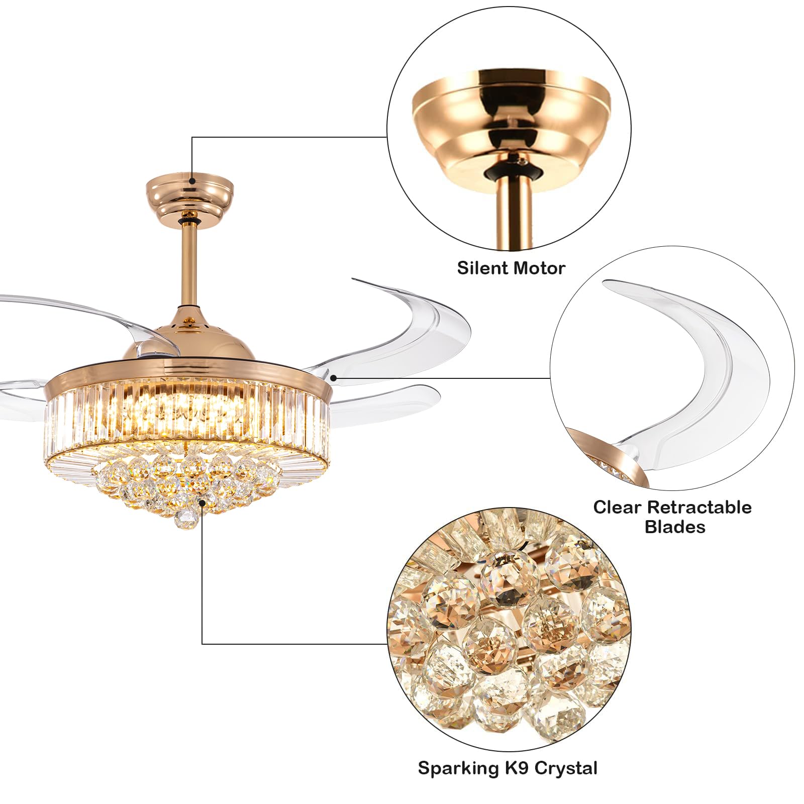 48 Inch Crystal Ceiling Fan with Light and Remote Control - Modern Dimmable Fandelier, Invisible Retractable Chandelier Fan in Gold Finish - Perfect for Bedroom, Living Room, Dining Room and Home Office Decor