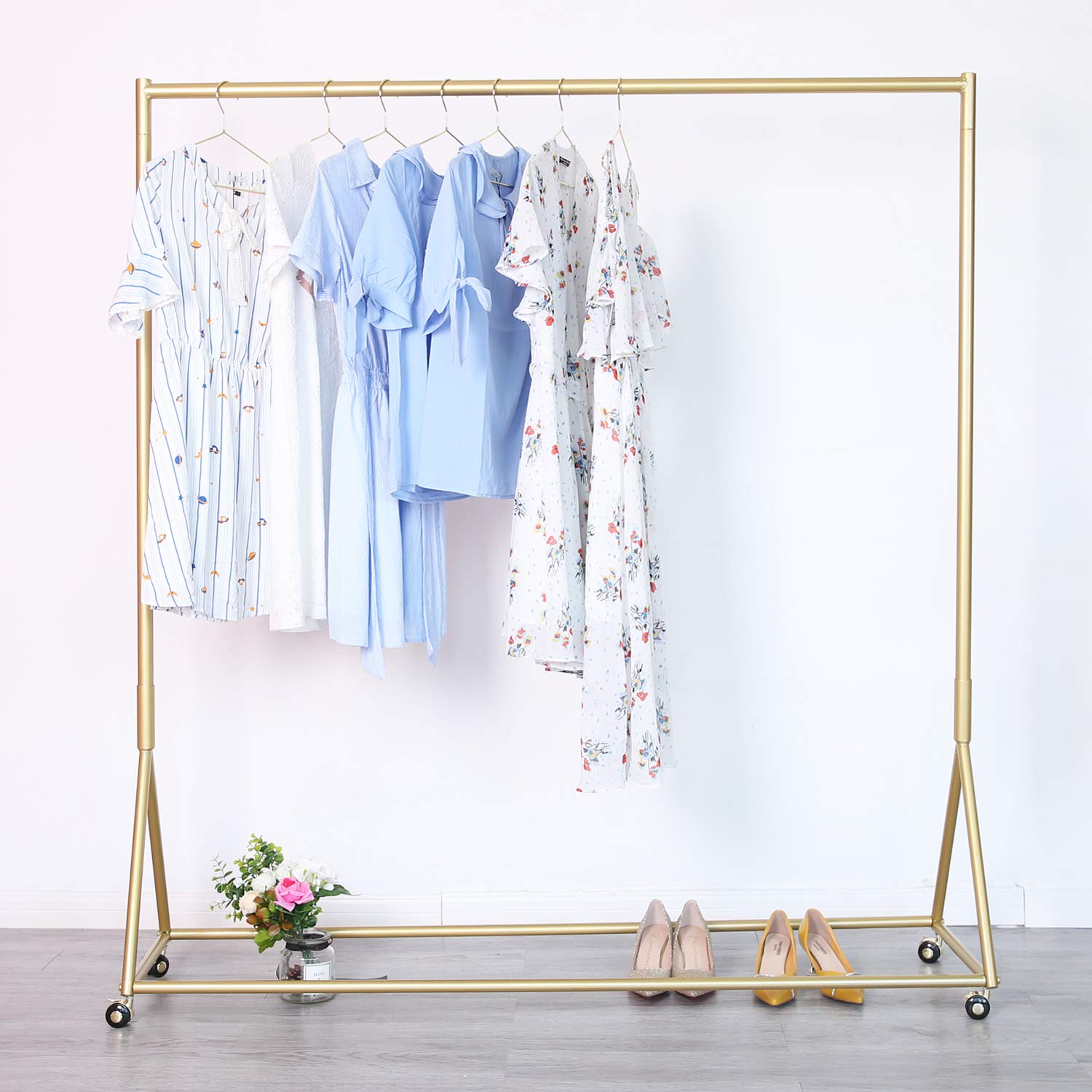Gold Rolling Clothing Rack with Wheels - 59 Inch Modern Garment Rack for Boutique Display & Retail Store Use | Perfect for Clothing Stores, Home Closet Organization & Fashion Showrooms