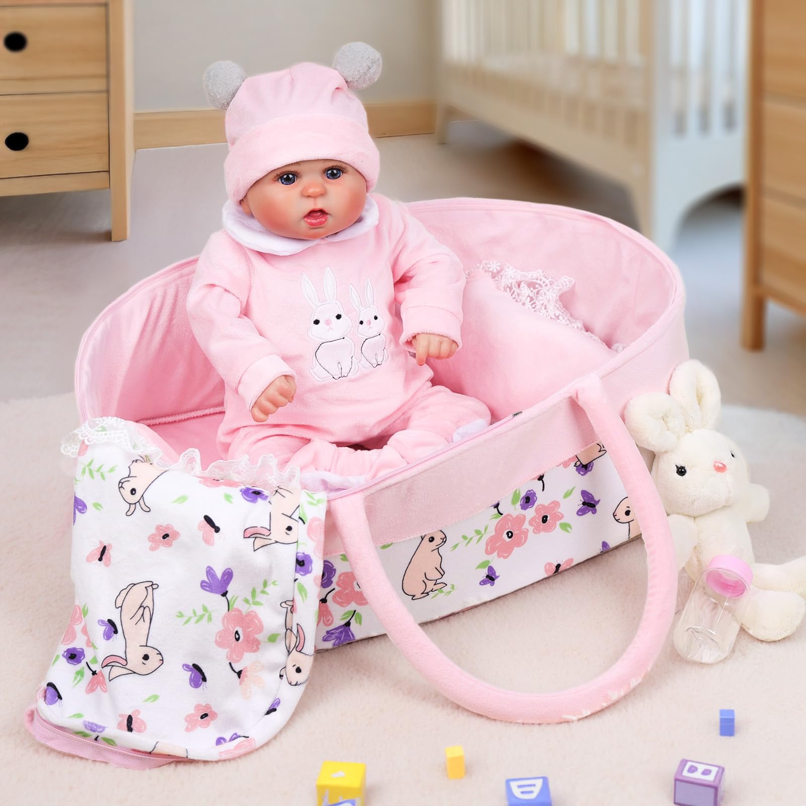 8-Piece Reborn Baby Doll Clothes Set with Bassinet & Bunny Toy - Outfits for 17-22 Inch Newborn Baby Dolls - Perfect for Playtime, Nursery Decor & Gift Giving