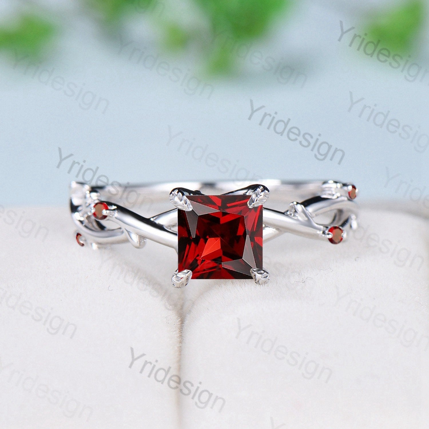 2CT Princess Cut Garnet Engagement Ring - January Birthstone Nature Inspired Wedding Band, Unique Twig Branch Promise Ring for Her - Perfect for Proposals, Anniversaries & Special Occasions