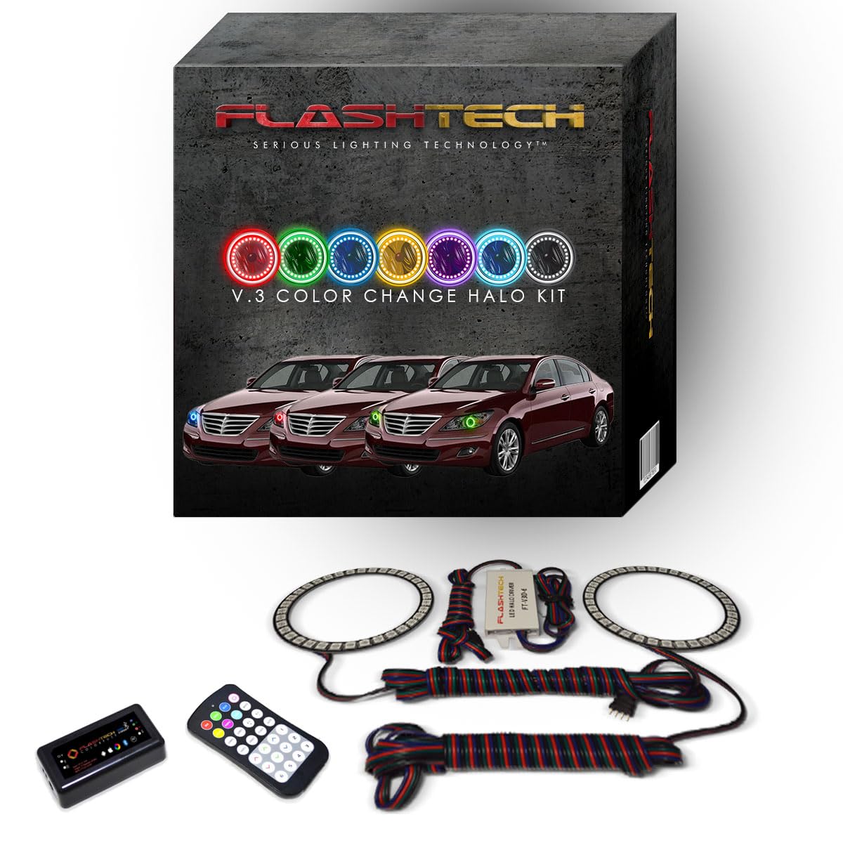 Flashtech LED RGB Multi-Color Halo Ring Headlight Kit with Bluetooth & RF Remote | ColorFuse Bright Technology | Compatible with Hyundai Genesis 2009-2011 | Upgrade Your Night Driving & Car Customization