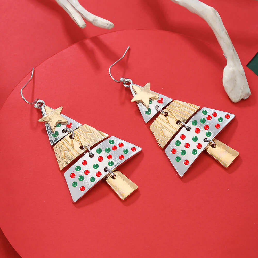 Christmas Tree Xmas Star 2-Tone Dangle Earrings for Women | Holiday Party Jewelry Gift | D1248 | Perfect for Christmas Celebrations & Festive Outfits