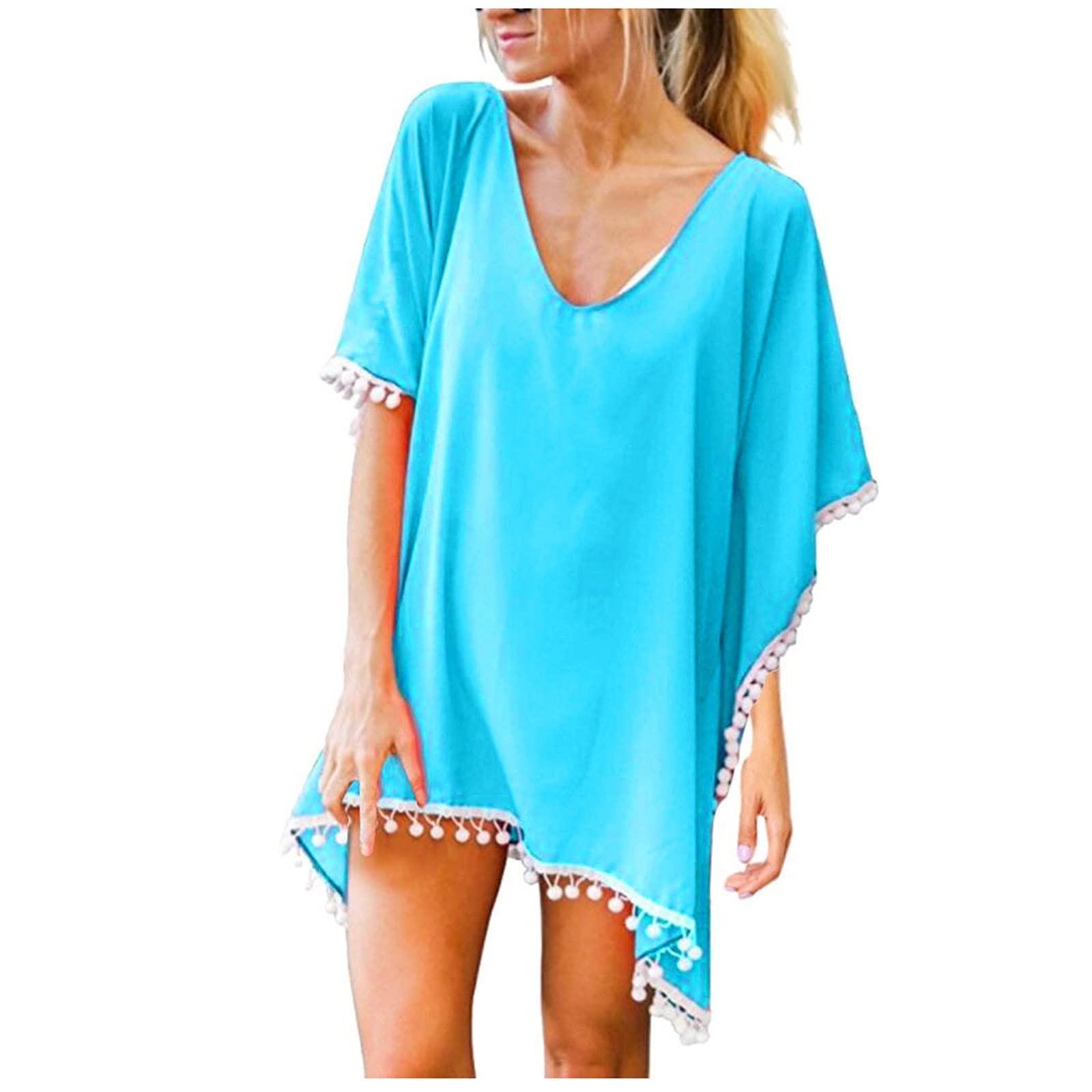 Women's Chiffon Kaftan Cover Up with Tassels - Loose Beach Swimwear Bikini Top - Size 32 - Perfect for Poolside, Vacation & Summer Outfits