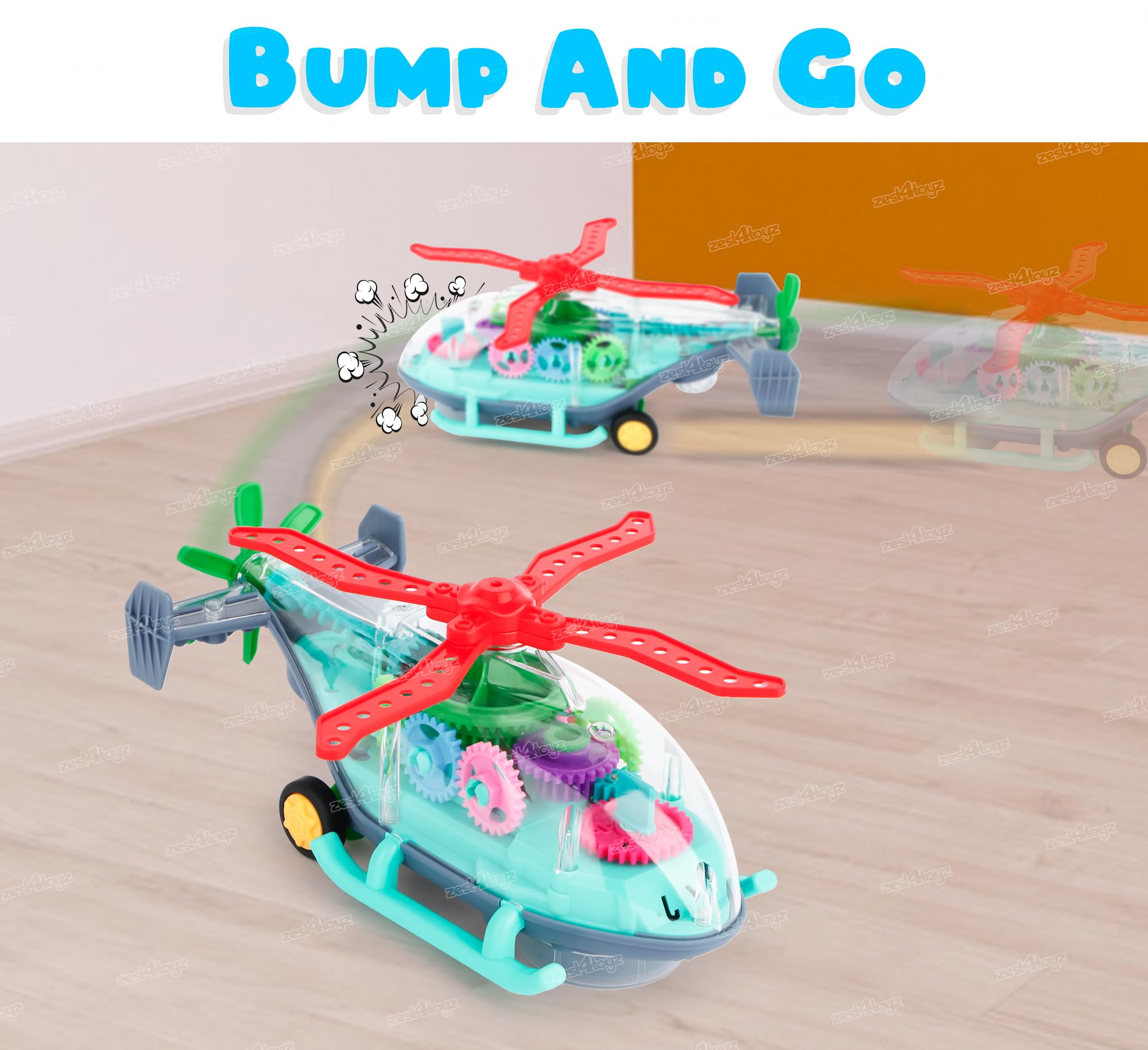 Zest 4 Toyz 3D Musical Helicopter Toy - Bump & Go Action, Transparent Design with Lights & Sounds - Fun Interactive Toy Gift for Kids (Perfect for Birthday Parties & Indoor Playtime)