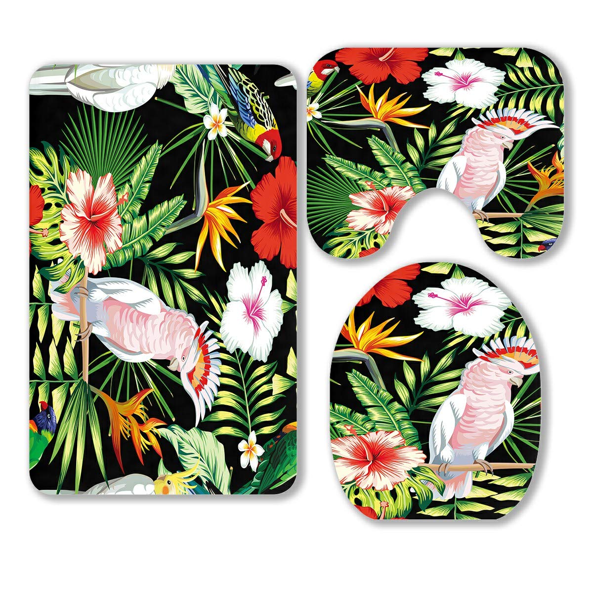 Premium 3-Piece Parrot & Tropical Jungle Plants Bathroom Rug Set - Non-Slip Bath Mat, Contour Mat & Toilet Lid Cover for Macaw Lovers | Perfect for Coastal, Jungle & Boho Style Bathrooms