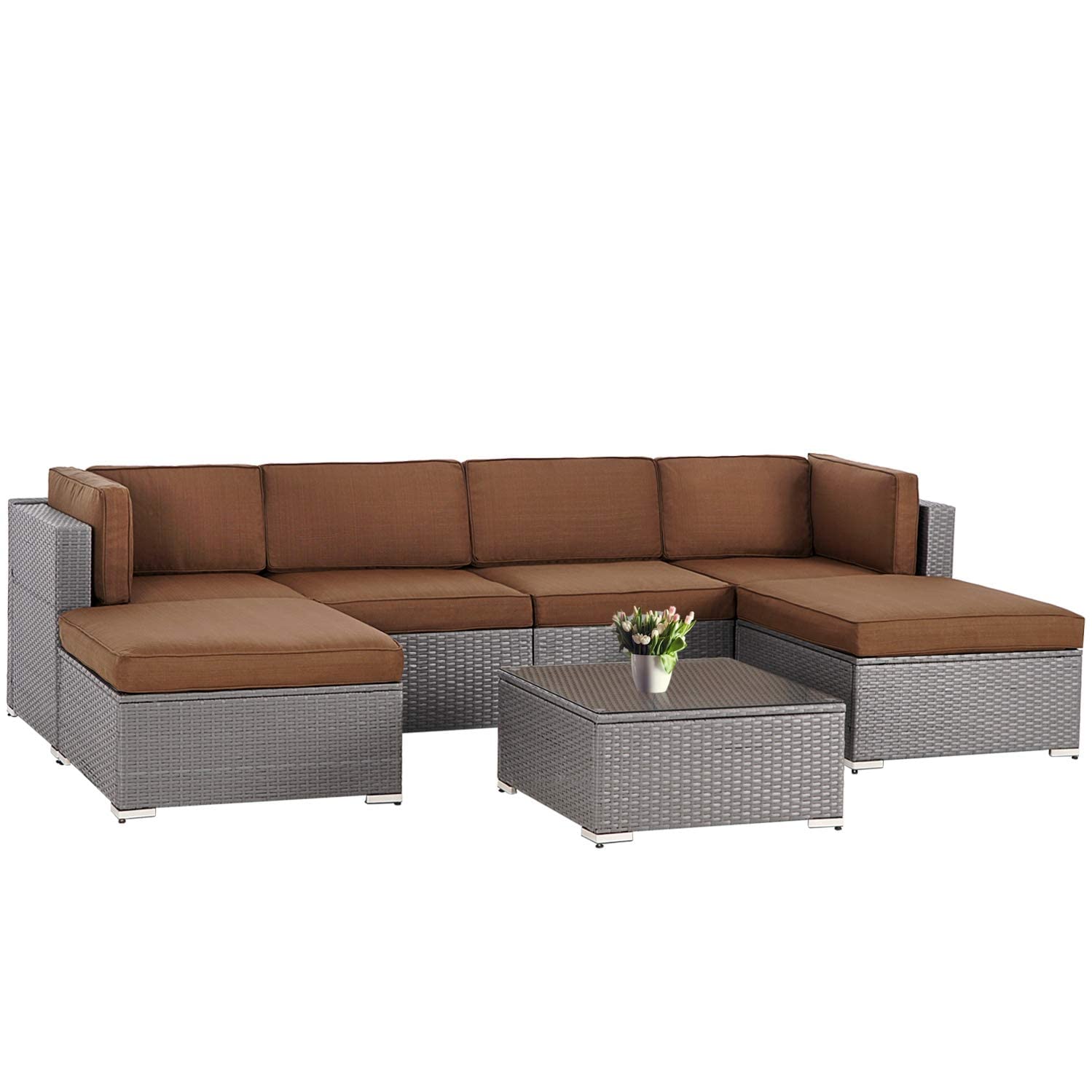 SOLAURA 7-Piece Outdoor Patio Furniture Set - Modular Gray Wicker Sectional Sofa with Ottoman & Coffee Table - Brown All-Weather Rattan Conversation Set for Garden, Poolside & Backyard Relaxation