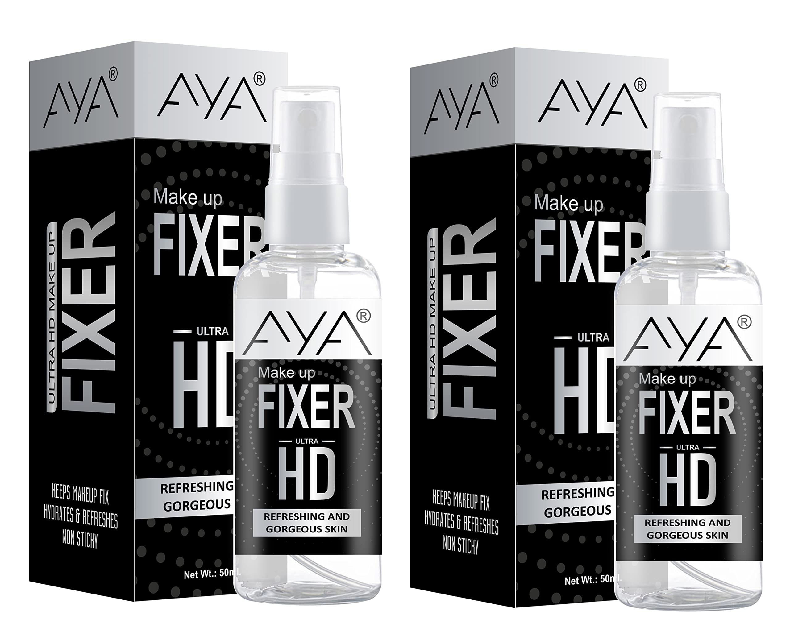 AYA Professional Makeup Setting Spray - Long Lasting Misty Finish, Lightweight & Quick Dry for Face Makeup (Pack of 2, 50ml Each) | Perfect for Bridal, Photography & All-Day Wear