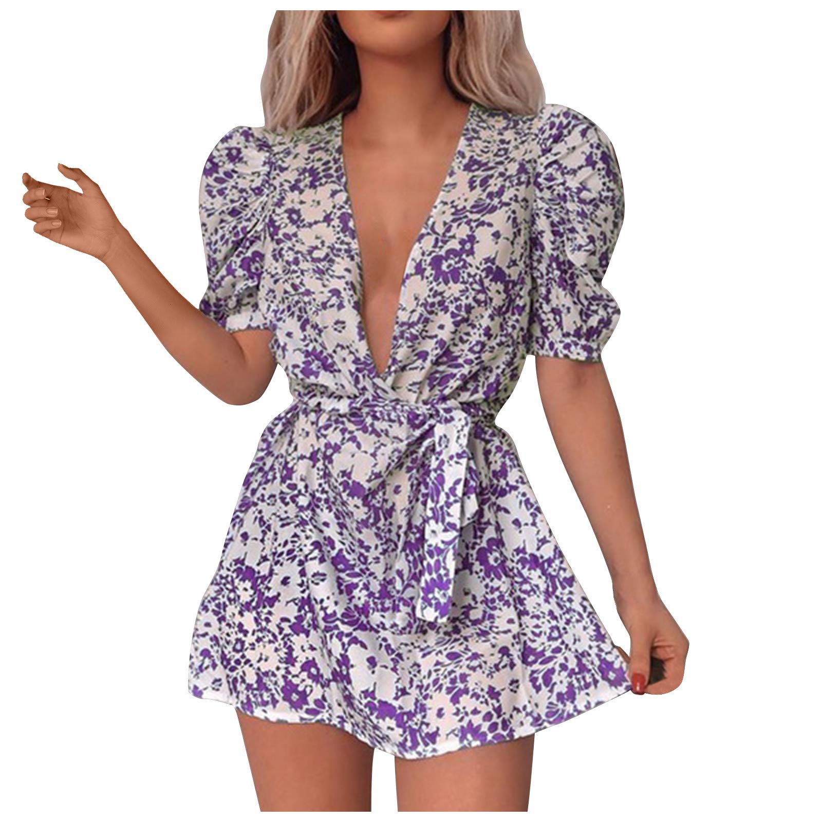 Fankle Women's Floral Print Deep V-Neck Ruffle Wrap Dress with Bell Sleeves & Tie Waist - Perfect for Summer Parties, Date Nights & Beach Vacations