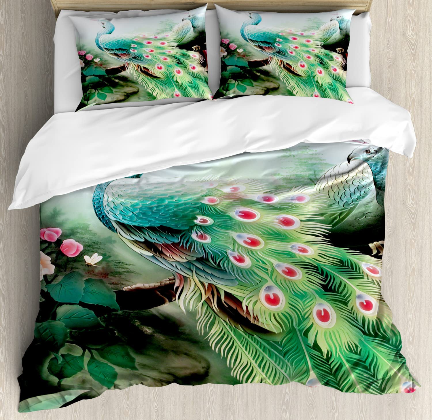 Ambesonne Peacock Duvet Cover Set - Vibrant Floral Garden Print King Size Bedding (2 Duvet Covers + 4 Pillowcases) | Nature-Inspired Art Design in Green & Fuchsia | Perfect for Summer Bedroom Decor & Bohemian Style Home