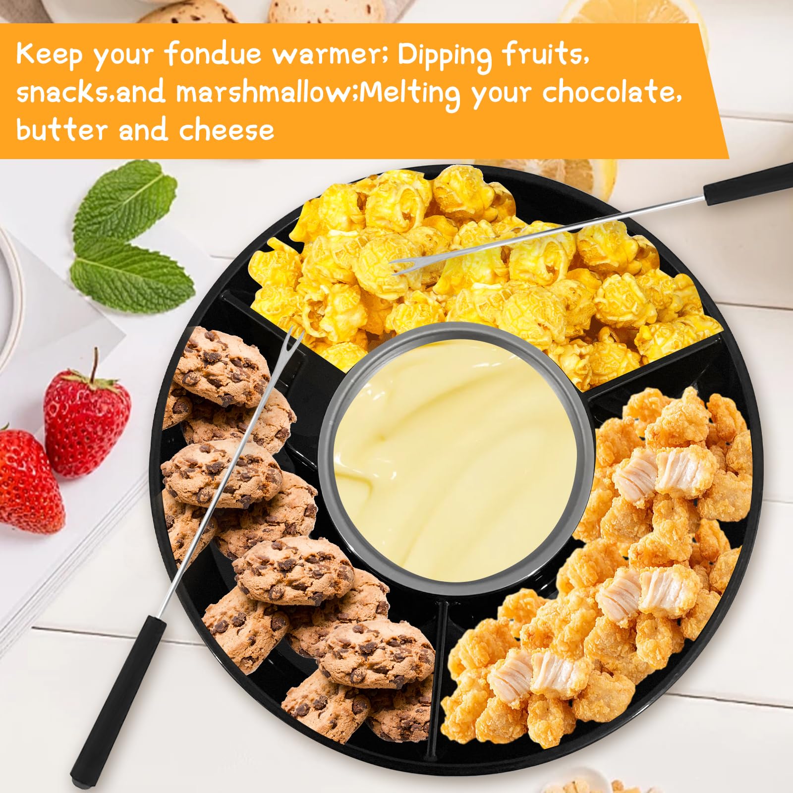 Electric Fondue Pot Set for Chocolate & Cheese - 9oz Detachable Bowl with Temperature Control & 6 Dipping Forks - Perfect for Romantic Date Nights, Movie Nights & Game Nights - Ideal Gift for Couples & Families (Black)