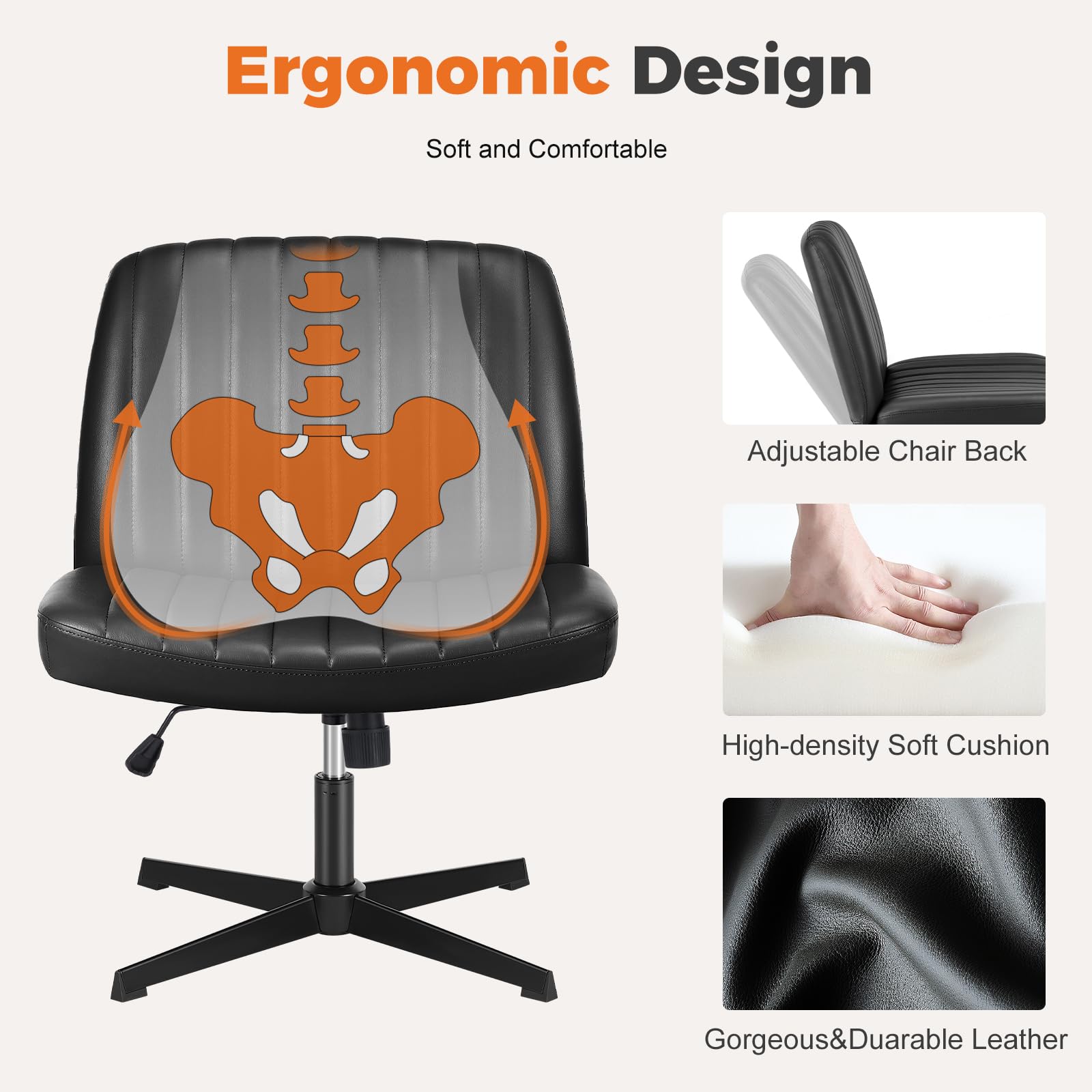 Sweetcrispy Cross Legged Office Chair - Armless Wide Desk Chair Without Wheels, Adjustable Swivel Home & Vanity Chair for Small Spaces | Perfect for Home Office, Study Room & Dressing Table