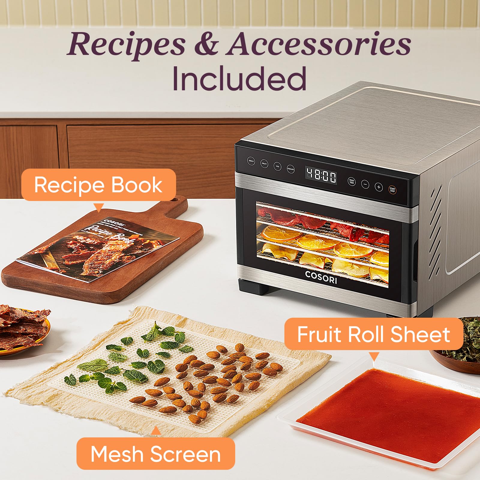 COSORI Food Dehydrator Machine for Jerky, Meat, Fruit & Veggies - 5 Stainless Steel Trays, 176°F Precise Temp Control, 4 Presets & 48H Timer - Perfect for Homemade Dog Treats, Healthy Snacks & Food Preservation (Includes Recipe Book) - Ideal for Home Kitchen, Camping & Meal Prep