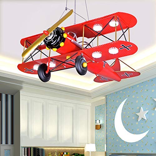 Modern Airplane Art Deco LED Pendant Light - Cartoon Biplane Chandelier with 8 Red Metal Lights for Living Room, Boys Bedroom & Kids Room | Perfect for Amusement Park Themed Decor & Aviation Enthusiasts