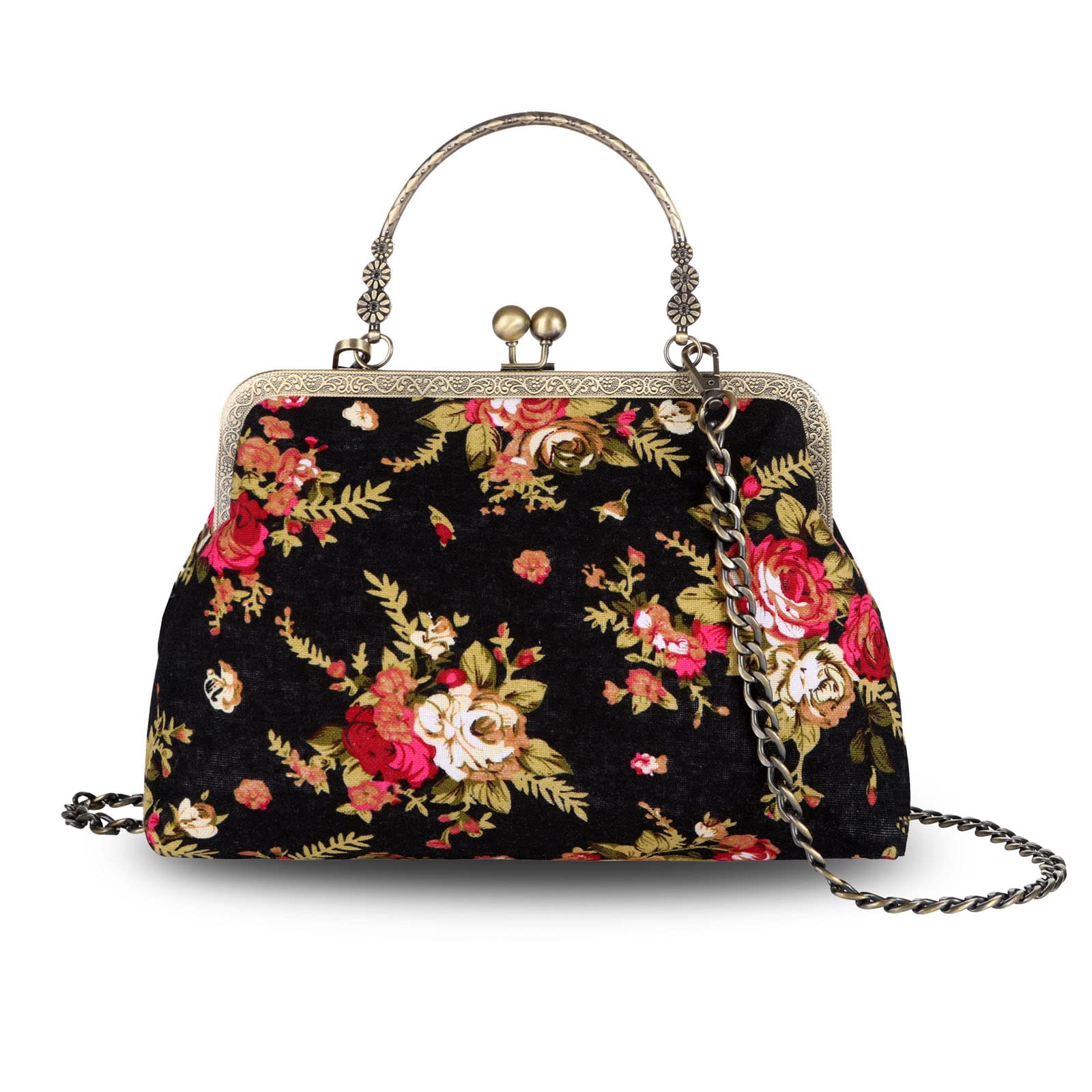 Vintage Floral Kiss Lock Purse - Women's Top Handle Handbag for Travel & Vacation