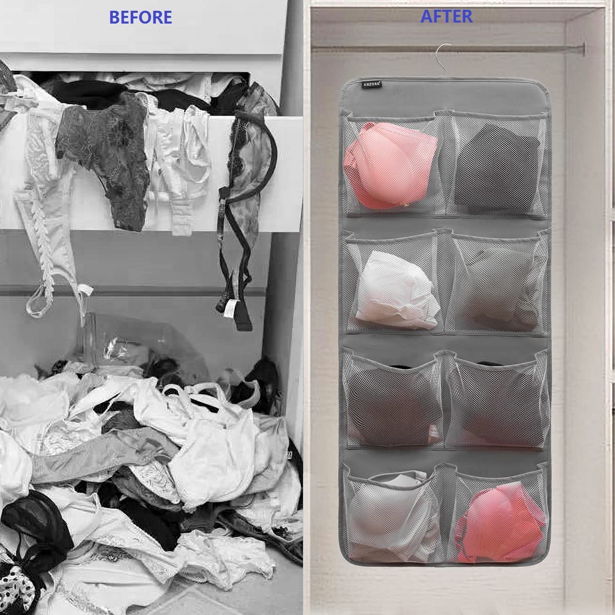 Dual-Sided Hanging Closet Organizer - 26 Pockets for Socks, Underwear, Bras & Baby Clothes | Space-Saving Storage for Kids & Toddler Shoes (Grey-Mesh Pockets) | Perfect for Nursery, Bedroom & Small Closet Organization