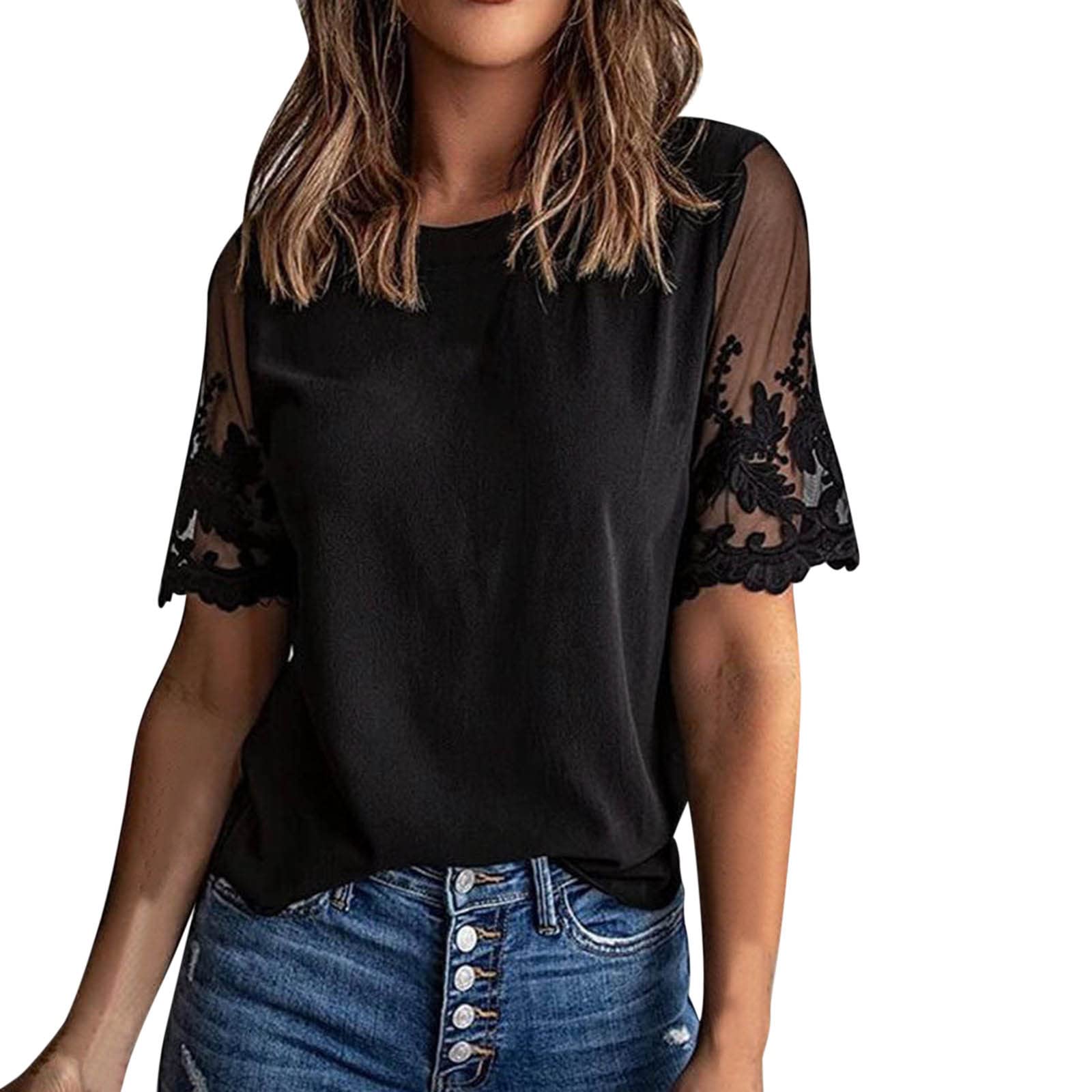 Women's Loose Fit Summer T-Shirts - Cute Crewneck Lace Crochet Floral Blouses, Casual Flowy Short Sleeve Tops for Beach, Vacation & Everyday Wear