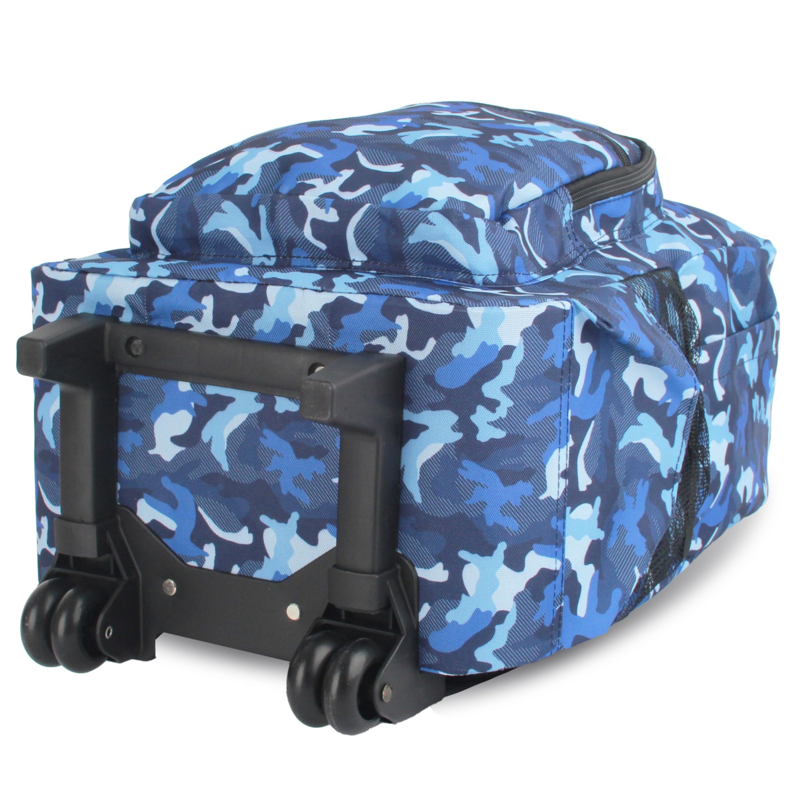 Unisex Rolling Backpack for Kids & Adults - Boys Girls Wheeled Luggage with 360° Spinner Wheels, Blue Camo Design, 19 Inch Carry On Size - Perfect for School, Travel & Daily Commute