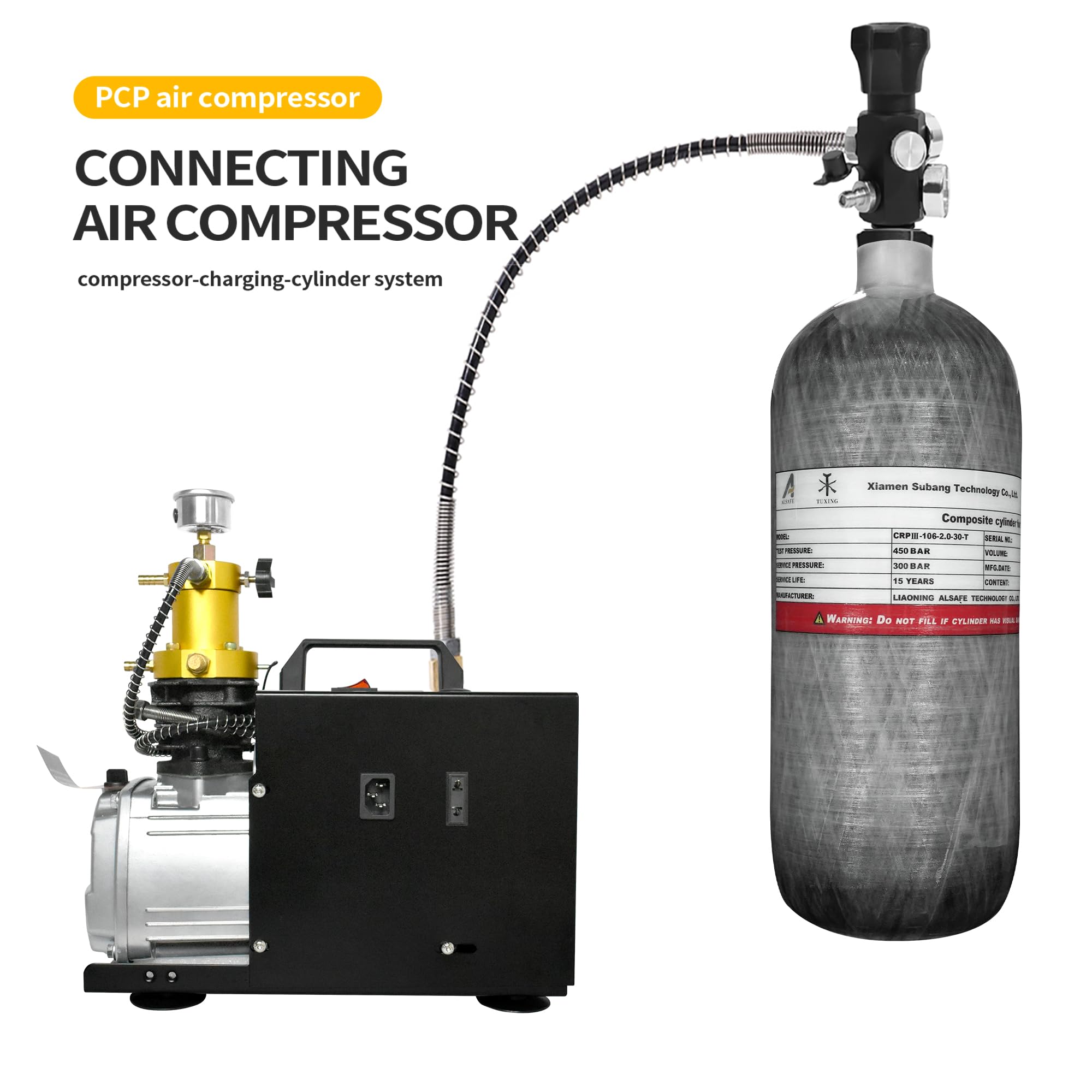 TUXING 2L/122ci 4500psi Carbon Fiber Air Tank (Empty) - Paintball PCP Air Rifle Filling Station with Dual Pressure Gauges & 24