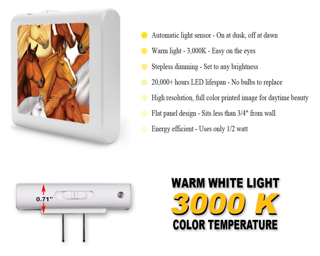 Dimmable LED Night Light with Auto On/Off Sensor - Adjustable Brightness, Warm White Light for Bathroom, Hallway, Nursery & Bedroom - Horse Design by Dan Morris - Perfect for Kids' Rooms, Stairways & Nighttime Safety