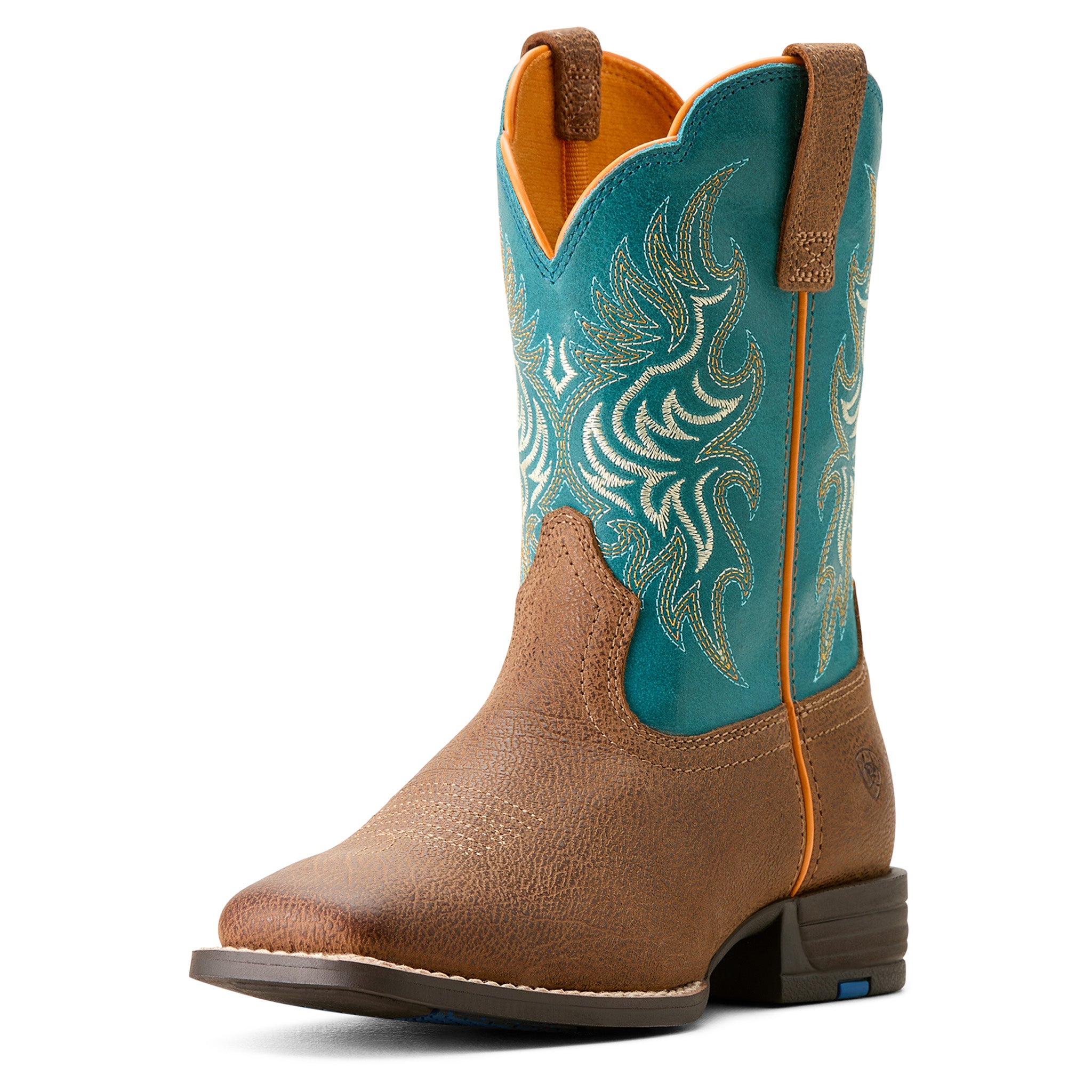 Ariat Kids Western Cowboy Boots - Tan & Turquoise Square Toe - Durable Leather Riding Boots for Boys & Girls | Perfect for Rodeo, Horseback Riding & Country Fashion
