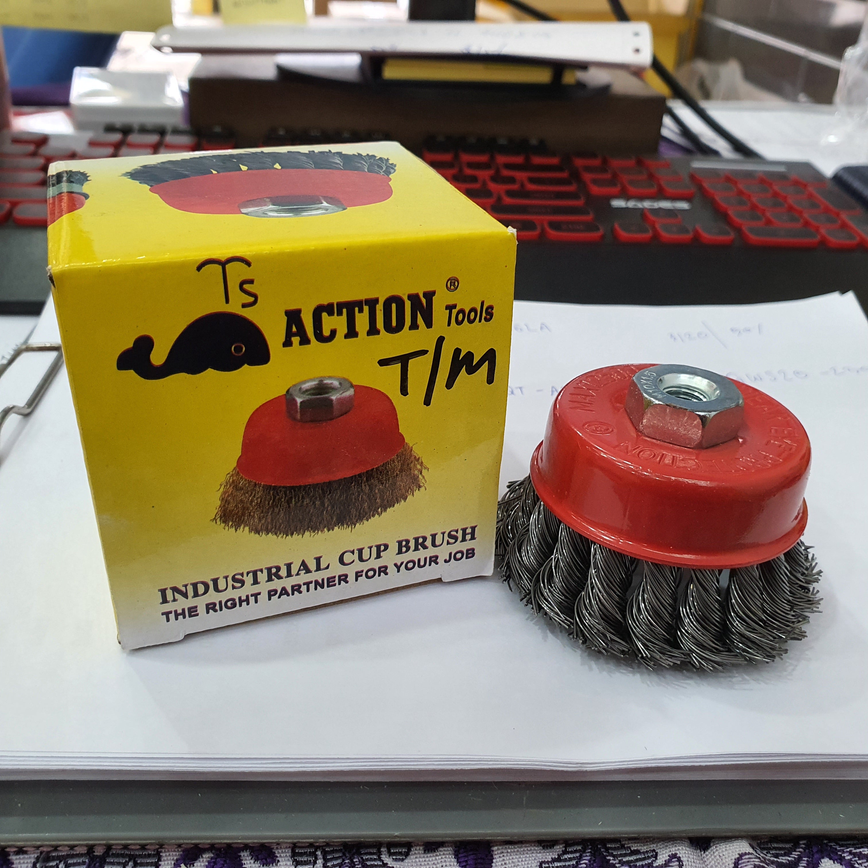 CB8 A 3TS Action Cup Brush 3 M10X1.5 Twisted Wire Wheel - Heavy Duty Metal Polishing & Rust Removal Tool for Automotive, Woodworking & DIY Projects