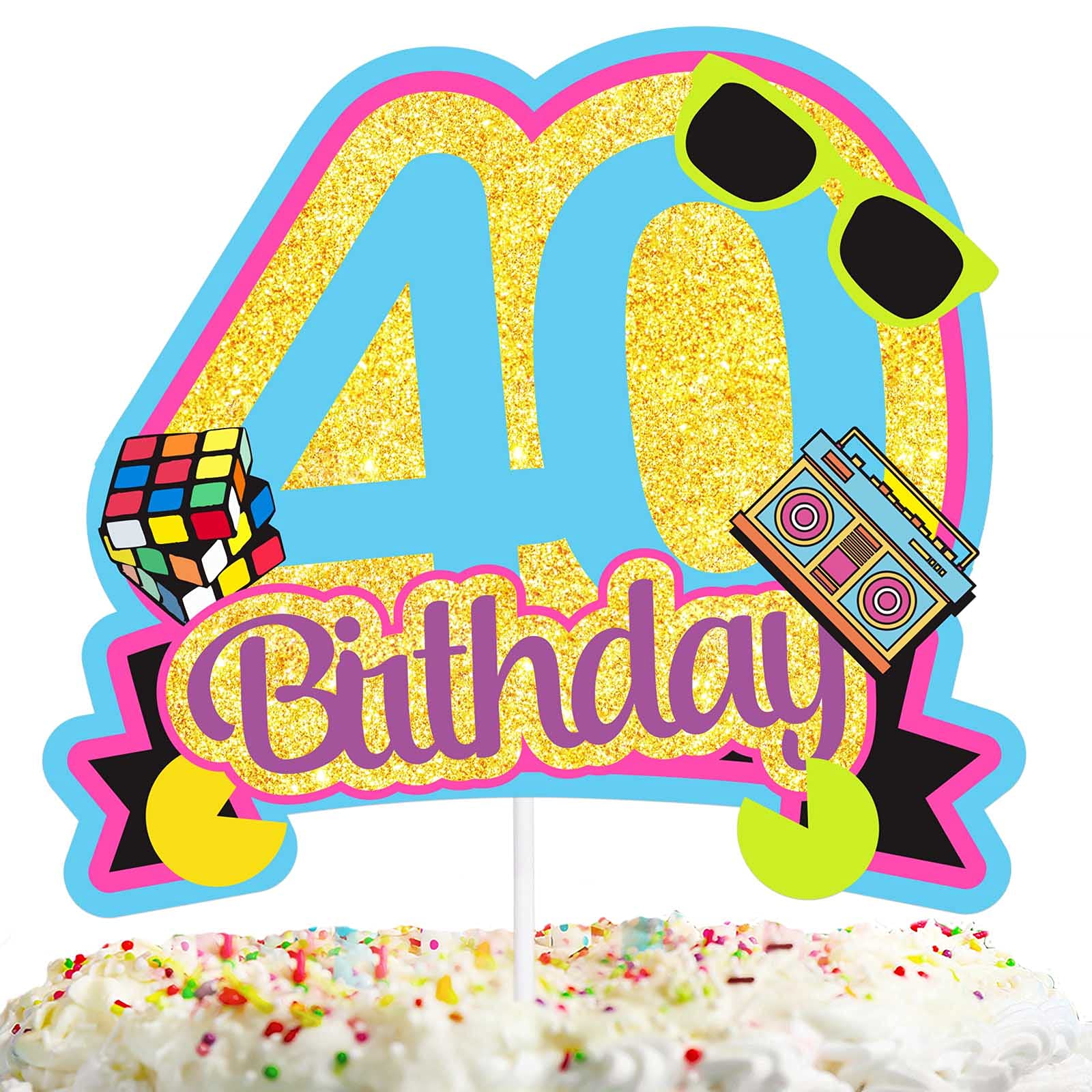 Blue Glitter Happy Birthday 40 Cake Topper - Retro Radio Theme Party Decor for Men & Women - Perfect for 40th Birthday Celebrations, Anniversaries, and Vintage Themed Parties