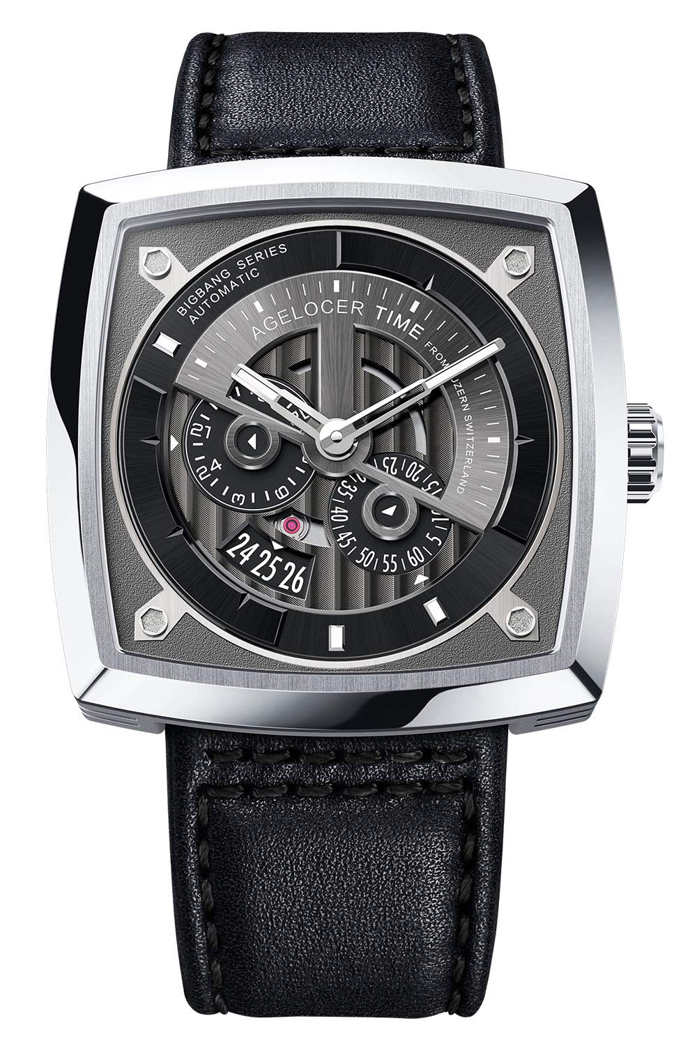 AGELOCER Men's Automatic Skeleton Mechanical Watch with Luminous Hands & Calendar - Luxury Square Design for Business, Formal & Casual Wear