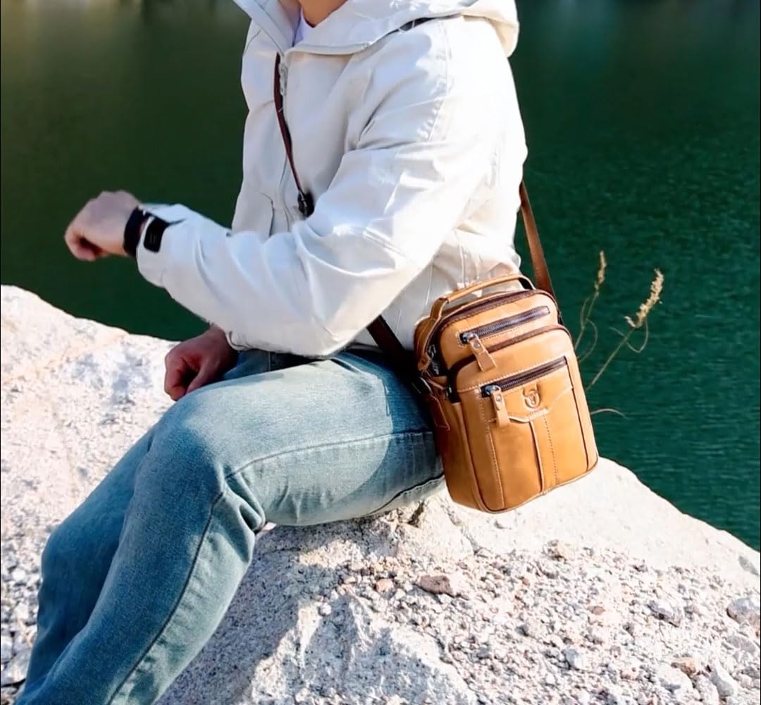 **Men's Vintage Leather Crossbody Bag - Casual Shoulder Messenger Bag with Multiple Pockets for Travel, Work & Everyday Use**