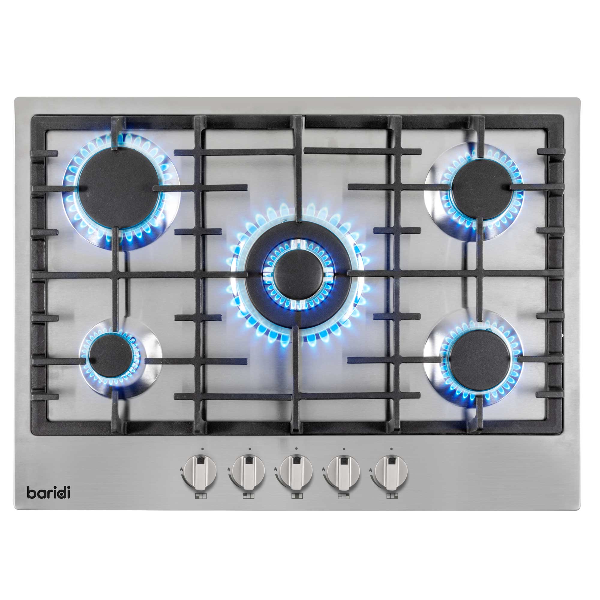 Baridi 70cm Built-In 5 Burner Gas Hob with Cast Iron Pan Supports - Stainless Steel Cooktop for Professional Kitchen | Perfect for Home Chefs & Restaurant Cooking