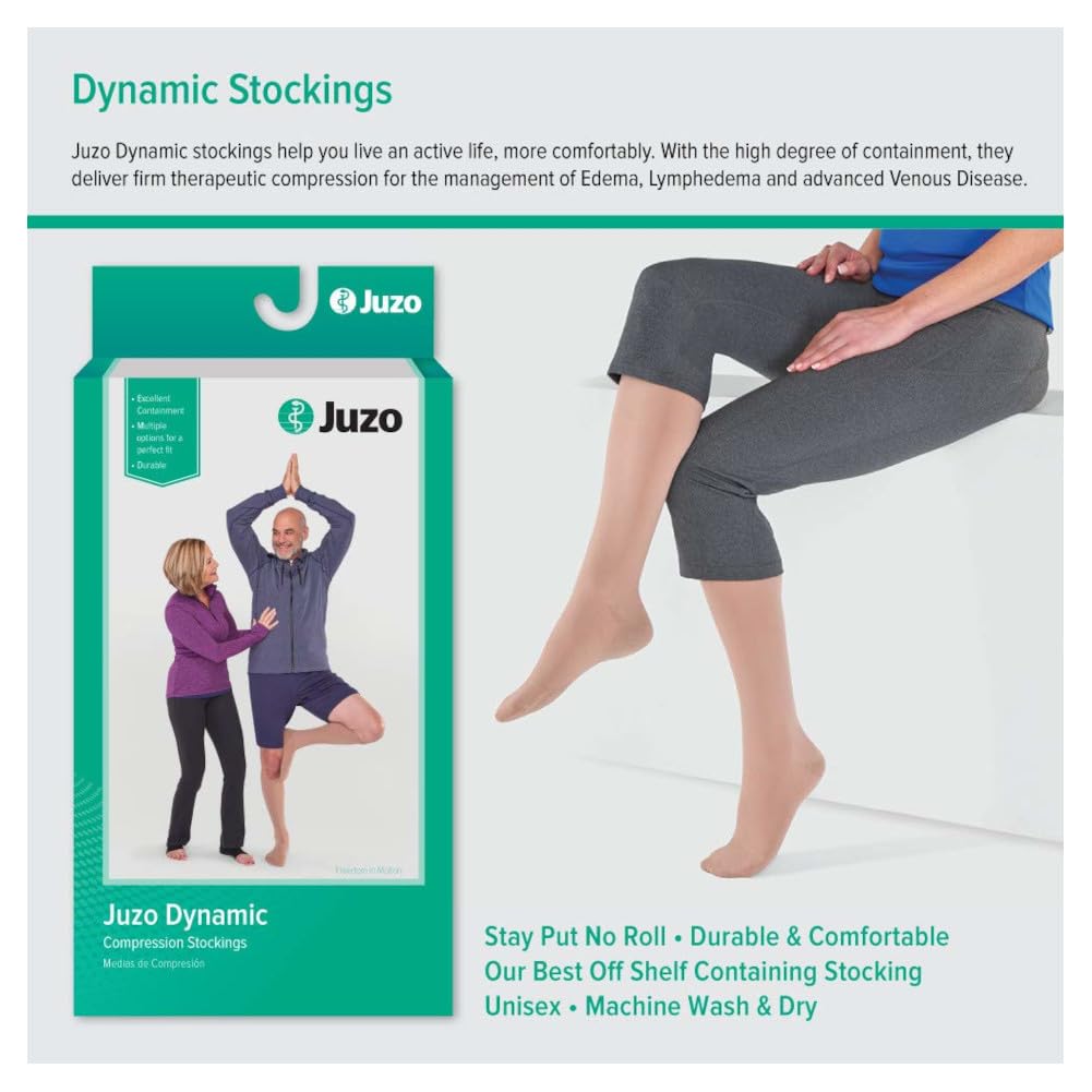 Juzo Dynamic Varin Closed Toe Compression Thigh High Stockings 20-30 mmHg for Men & Women - 2-Way Stretch Fabric, Silicone Top Band, Made in USA - Beige, Size 4 (IV) Petite - Ideal for Circulation Support, Lymphedema & Varicose Vein Relief
